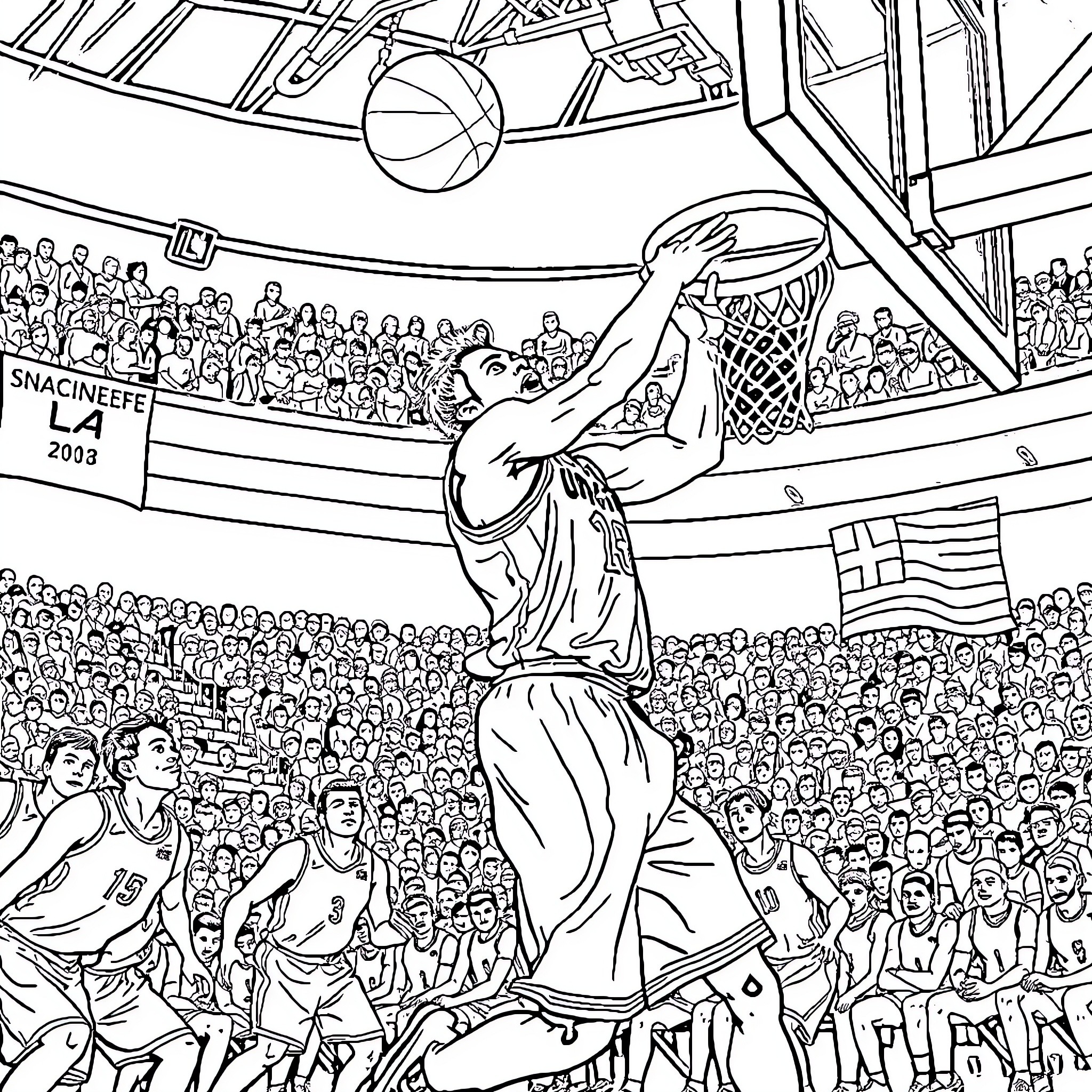 André's Exciting Basketball Game in the Stadium Coloring Page (free black-and-white line drawing printable PDF for all, from beginners to advanced learners, including children, teens, adults, and seniors)