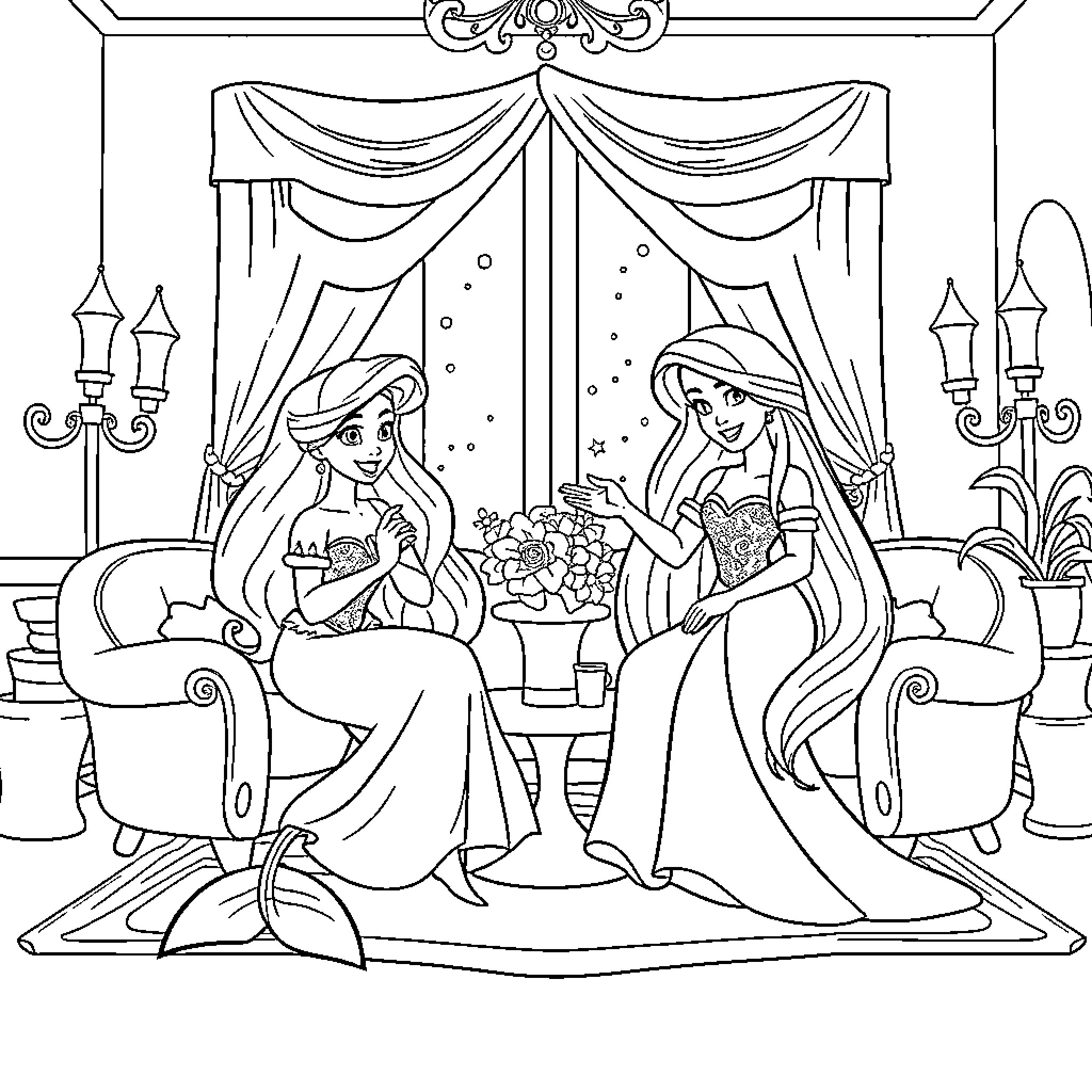 Disney Princesses Enjoying a Conversation in a Lavish Setting Coloring Page (free black-and-white line drawing printable PDF for all, from beginners to advanced learners, including children, teens, adults, and seniors)
