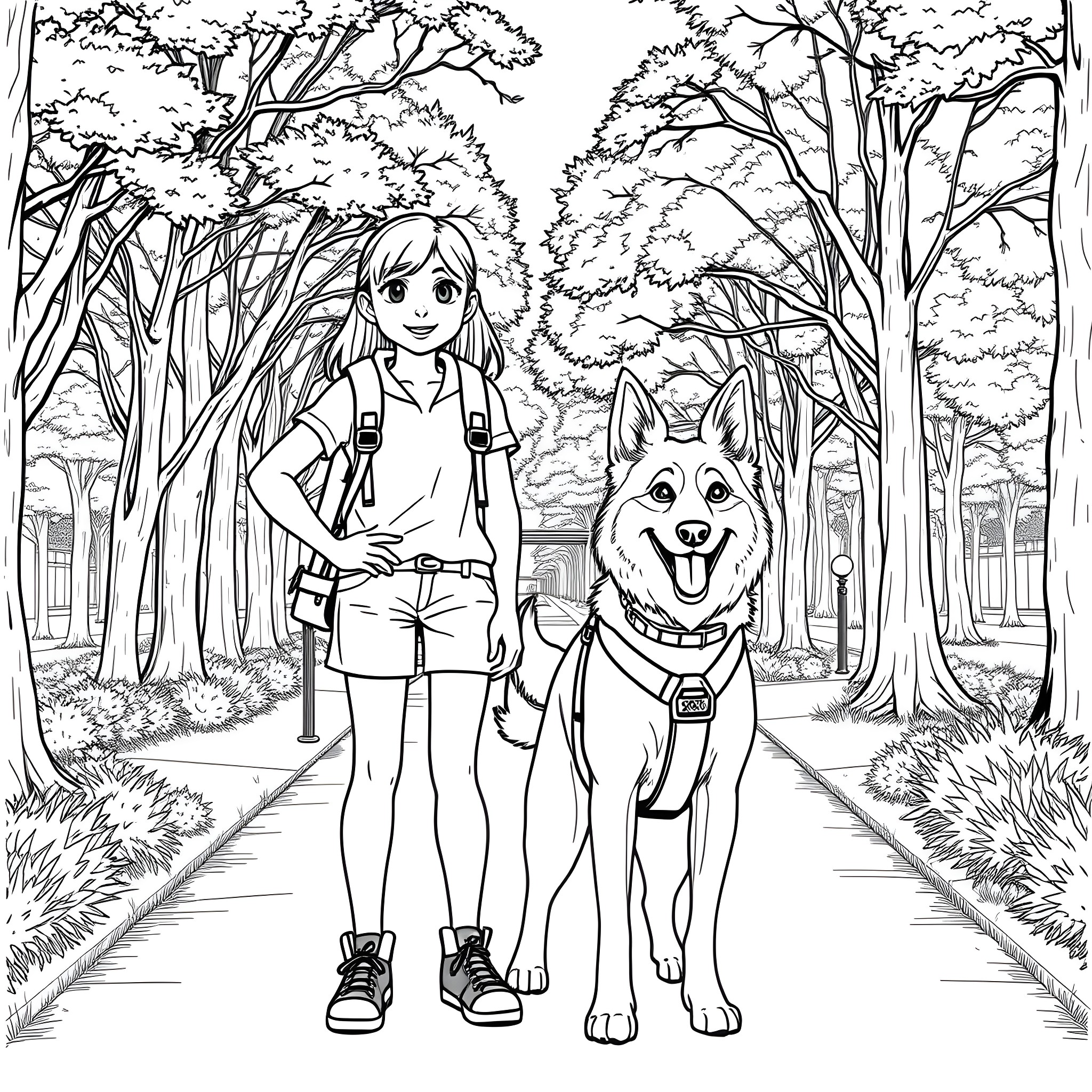Teen Girl and Her Loyal Dog Explore the Woodland Coloring Page (free black-and-white line drawing printable PDF for all, from beginners to advanced learners, including children, teens, adults, and seniors)