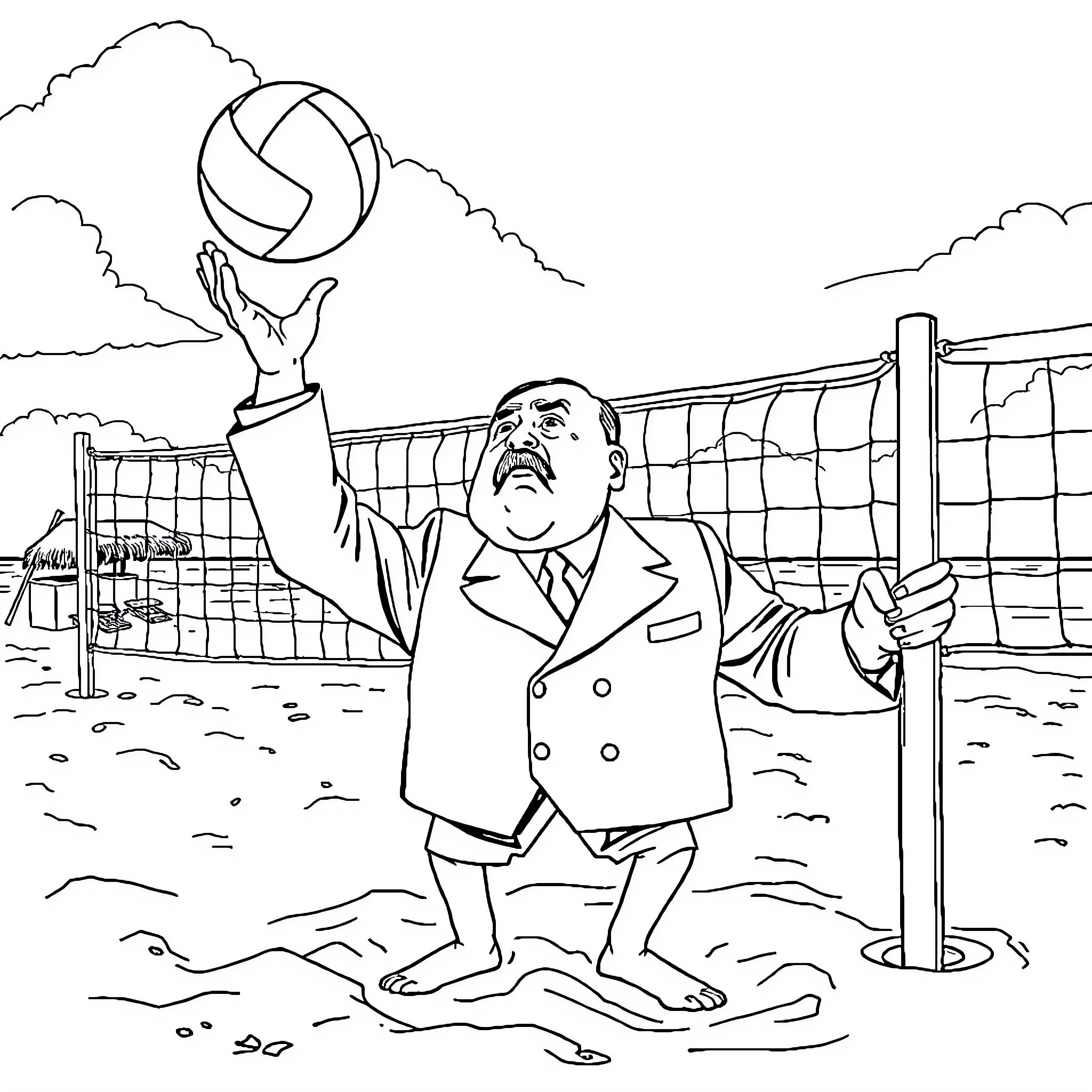 Adolf Hitler playing volleyball in a formal suit Coloring Page (free black-and-white line drawing printable PDF for all, from beginners to advanced learners, including children, teens, adults, and seniors)