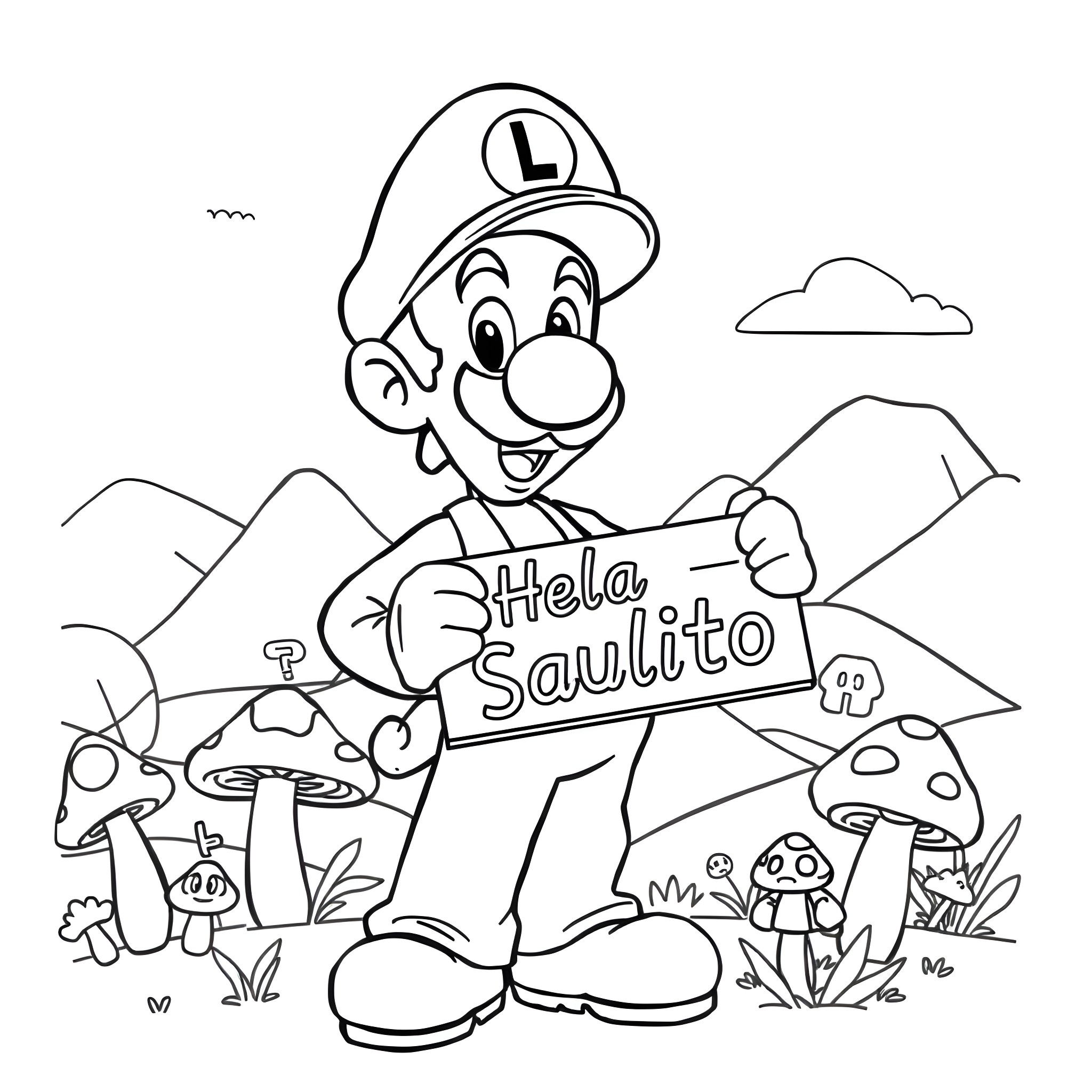 Luigi greeting with joy in the mushroom kingdom Coloring Page (free black-and-white line drawing printable PDF for all, from beginners to advanced learners, including children, teens, adults, and seniors)