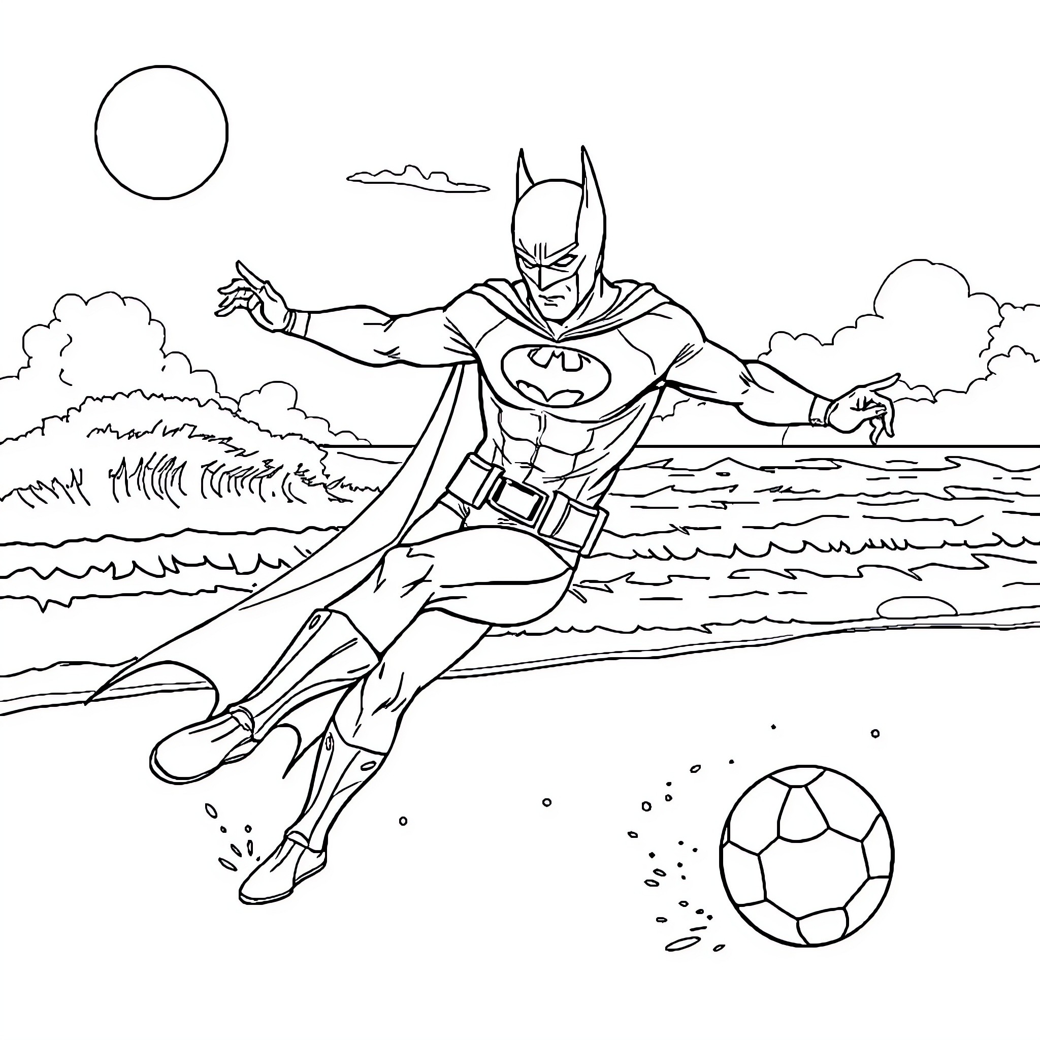 Batman playing soccer in the park Coloring Page (free black-and-white line drawing printable PDF for all, from beginners to advanced learners, including children, teens, adults, and seniors)
