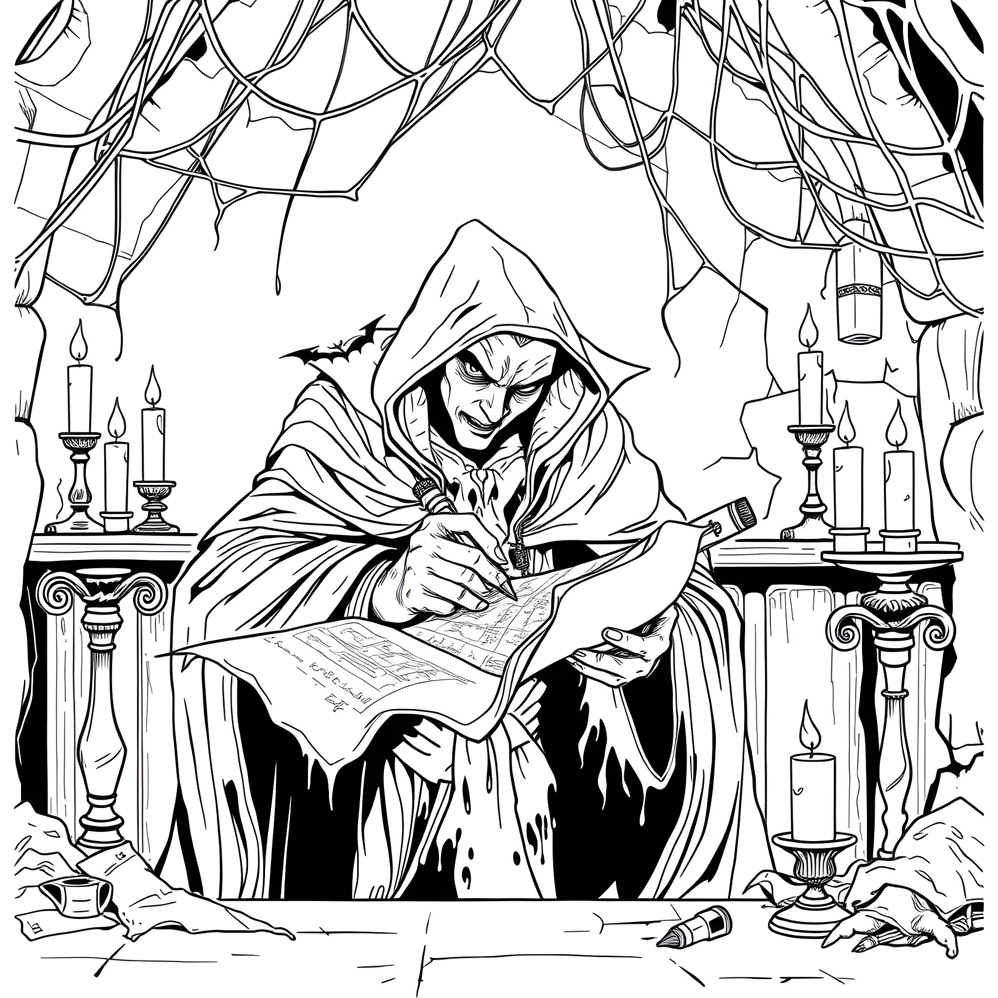 Vampire Scribe Writing Ominously in Candlelit Chamber Coloring Page (free black-and-white line drawing printable PDF for all, from beginners to advanced learners, including children, teens, adults, and seniors)