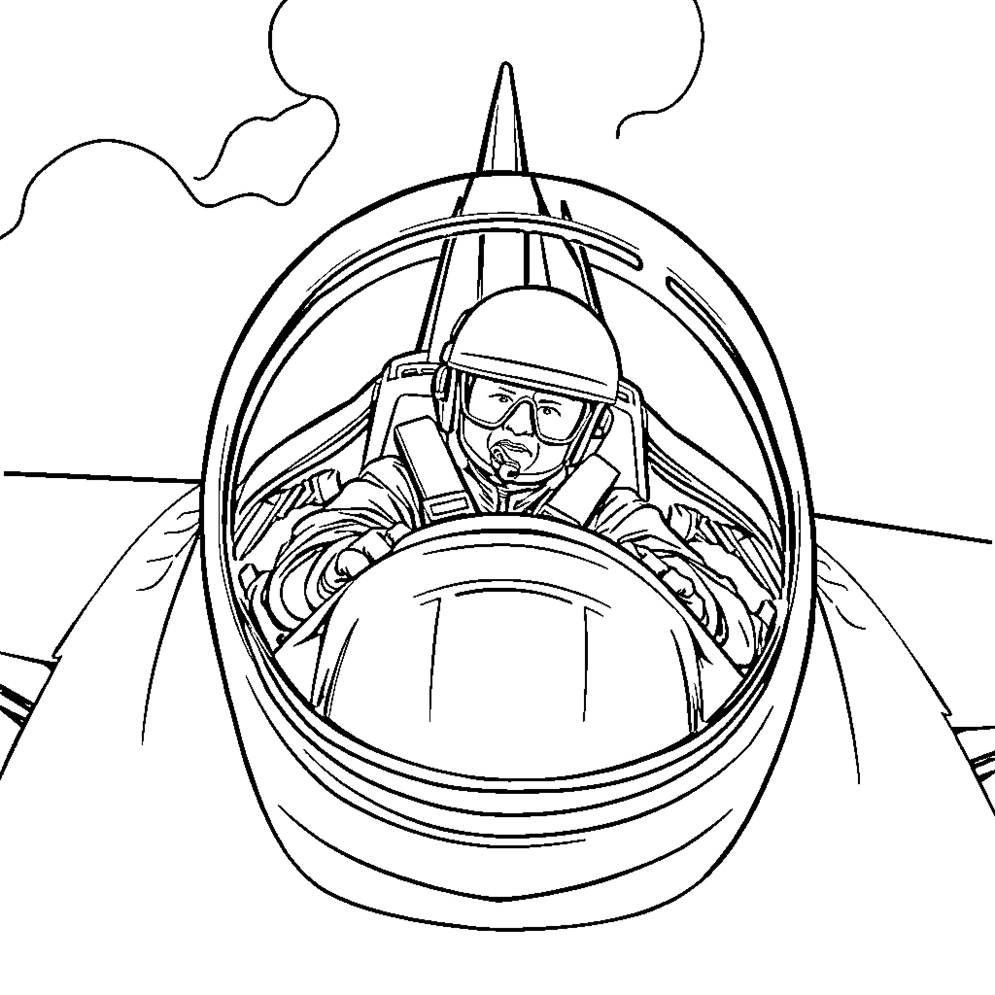 Pilot in aircraft cockpit with instrument panel Coloring Page (free black-and-white line drawing printable PDF for all, from beginners to advanced learners, including children, teens, adults, and seniors)