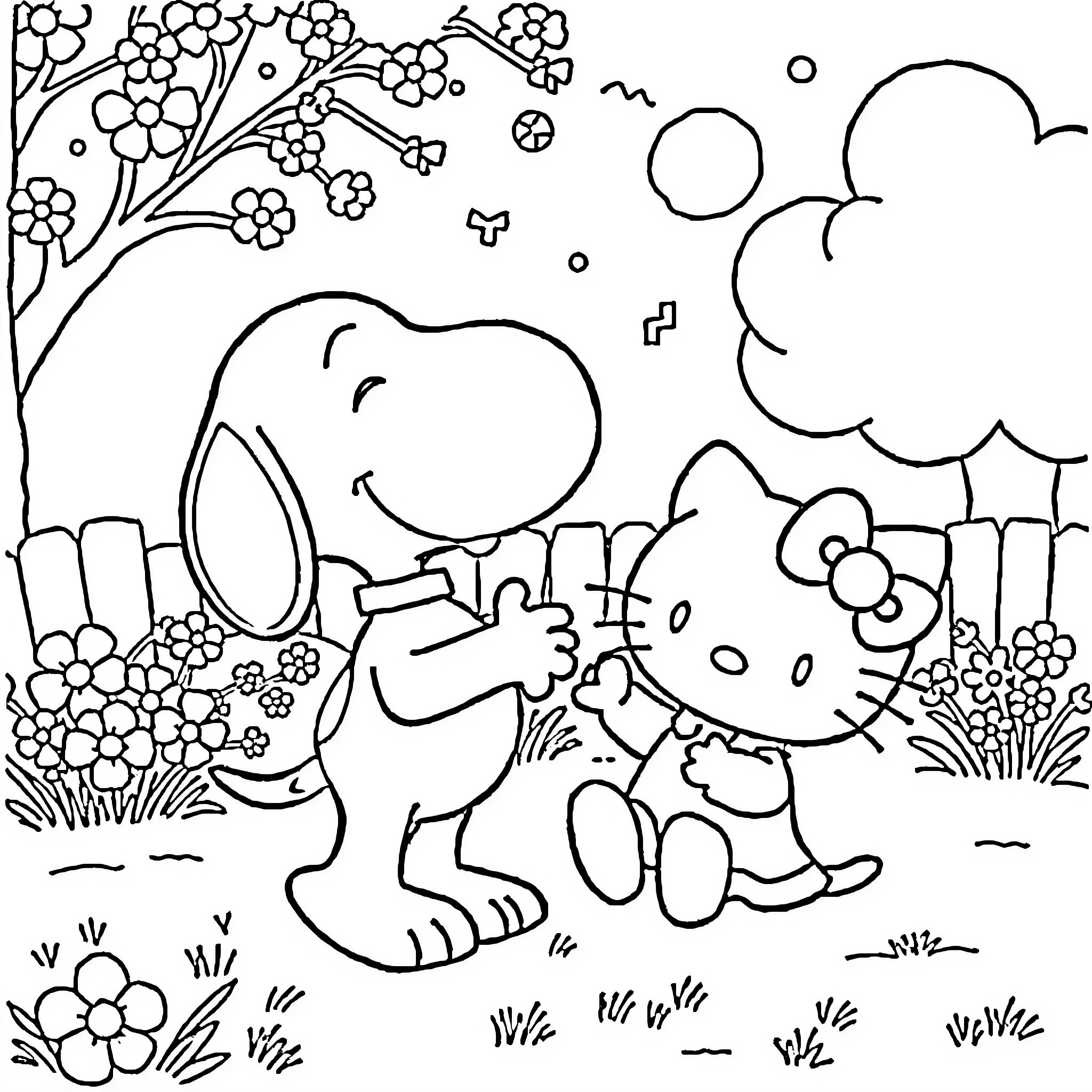Snoopy and Hello Kitty enjoying a playful day in the park Coloring Page (free black-and-white line drawing printable PDF for all, from beginners to advanced learners, including children, teens, adults, and seniors)