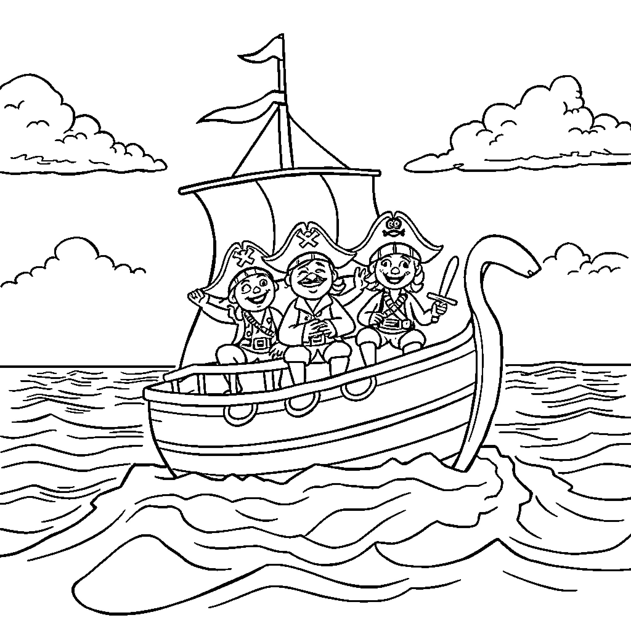 Strawhat Pirates sailing on high seas Coloring Page (free black-and-white line drawing printable PDF for all, from beginners to advanced learners, including children, teens, adults, and seniors)