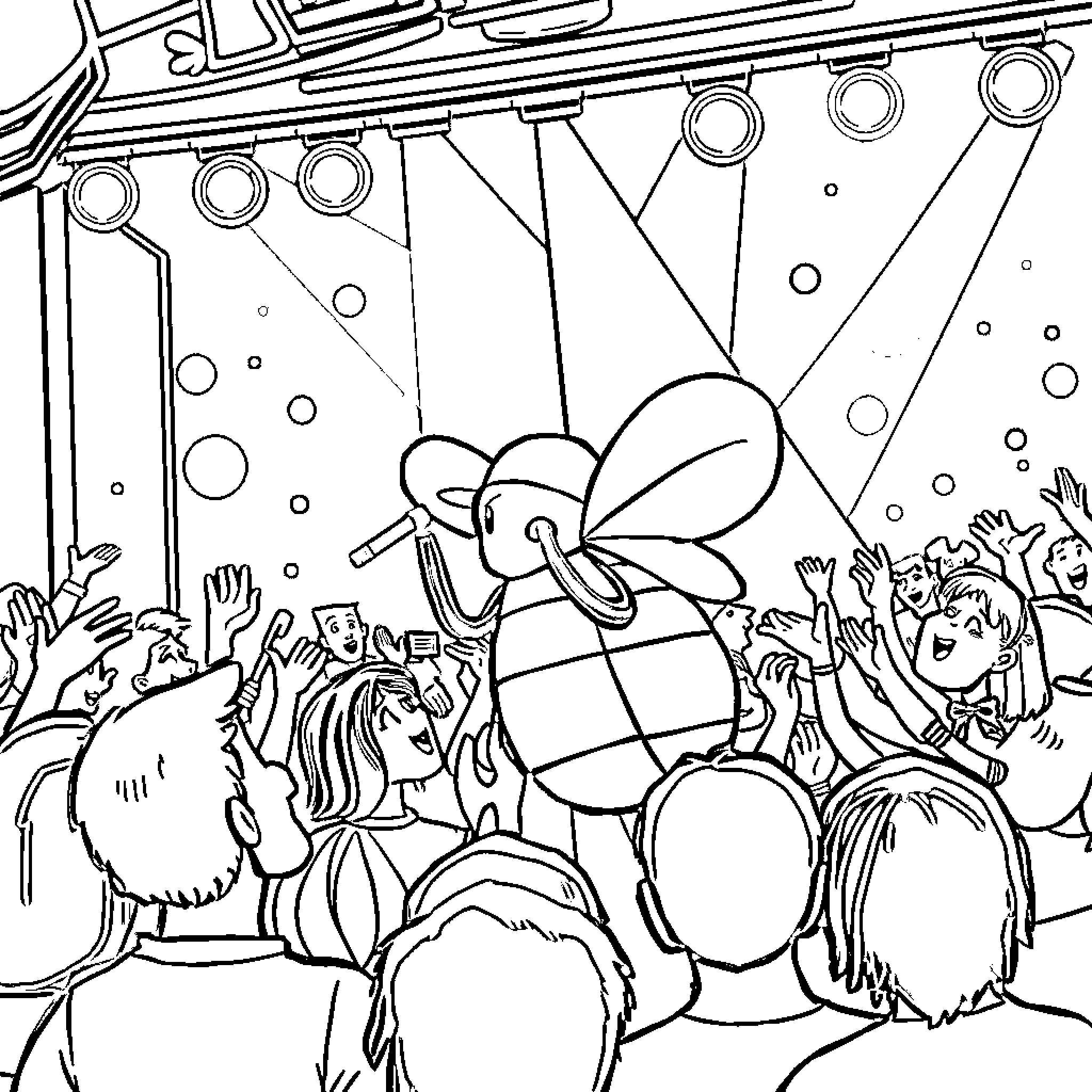 beabadoobee performing on stage with fans Coloring Page (free black-and-white line drawing printable PDF for all, from beginners to advanced learners, including children, teens, adults, and seniors)