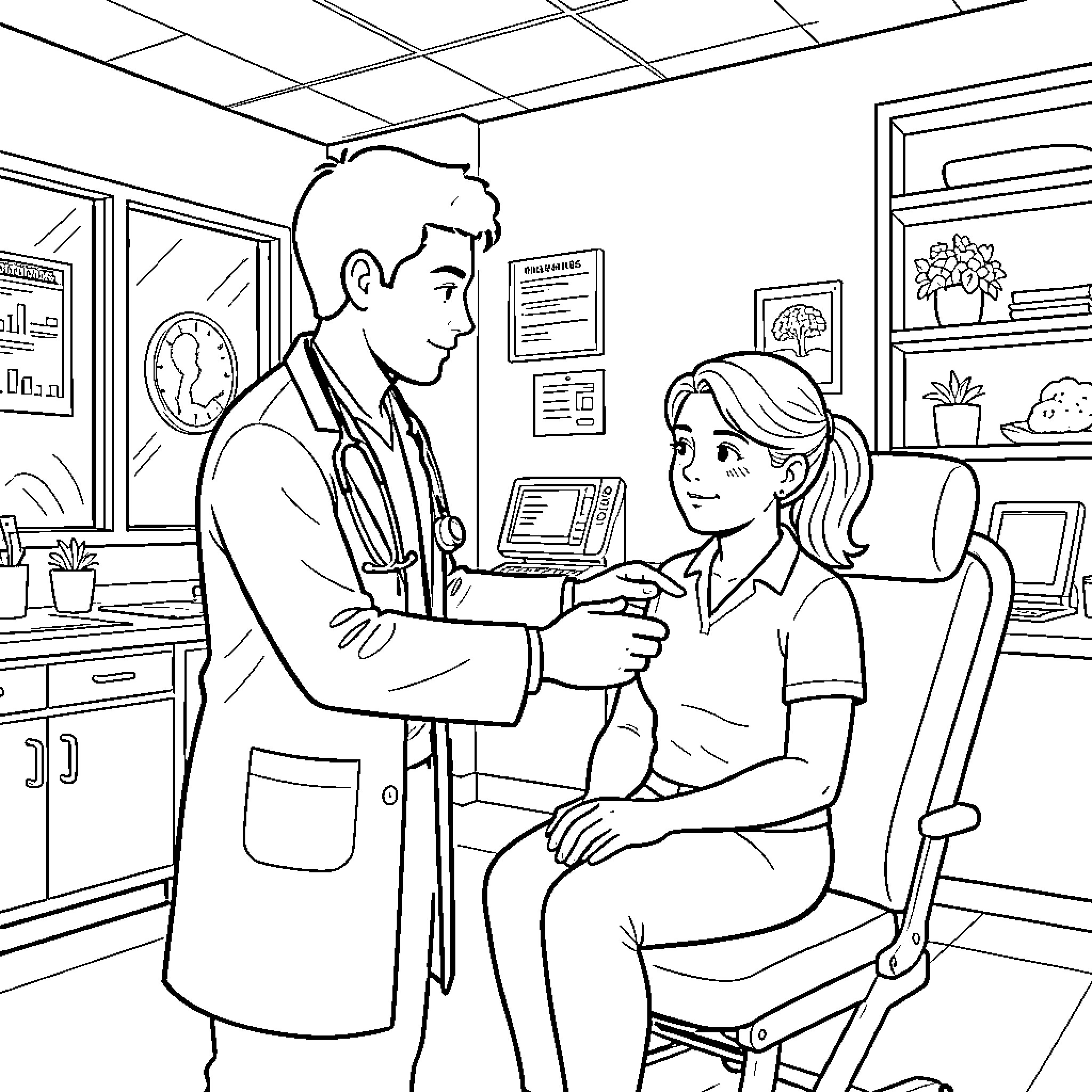 Doctor examining a young patient in a medical office Coloring Page (free black-and-white line drawing printable PDF for all, from beginners to advanced learners, including children, teens, adults, and seniors)