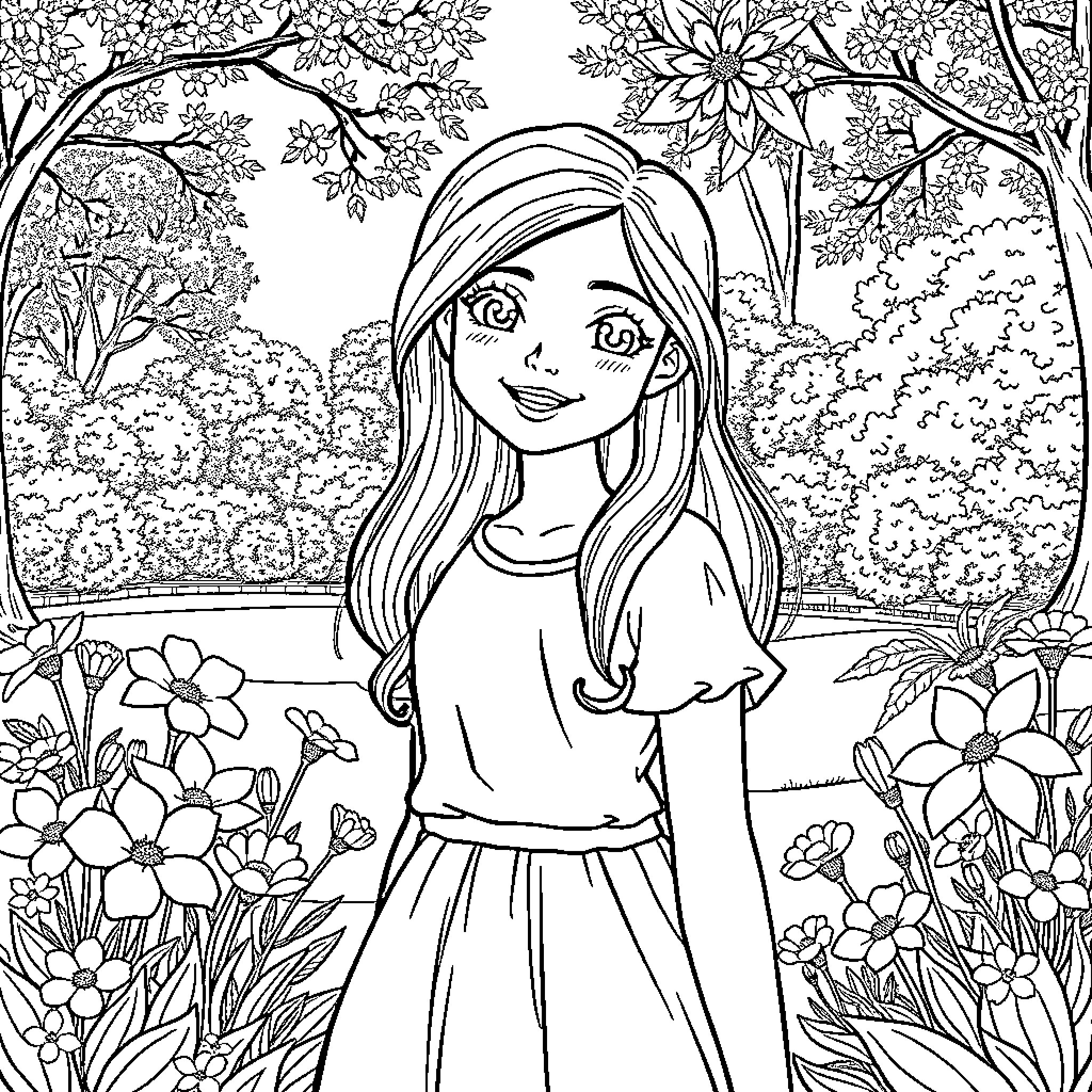 Margaux enjoying the tranquil garden setting Coloring Page (free black-and-white line drawing printable PDF for all, from beginners to advanced learners, including children, teens, adults, and seniors)