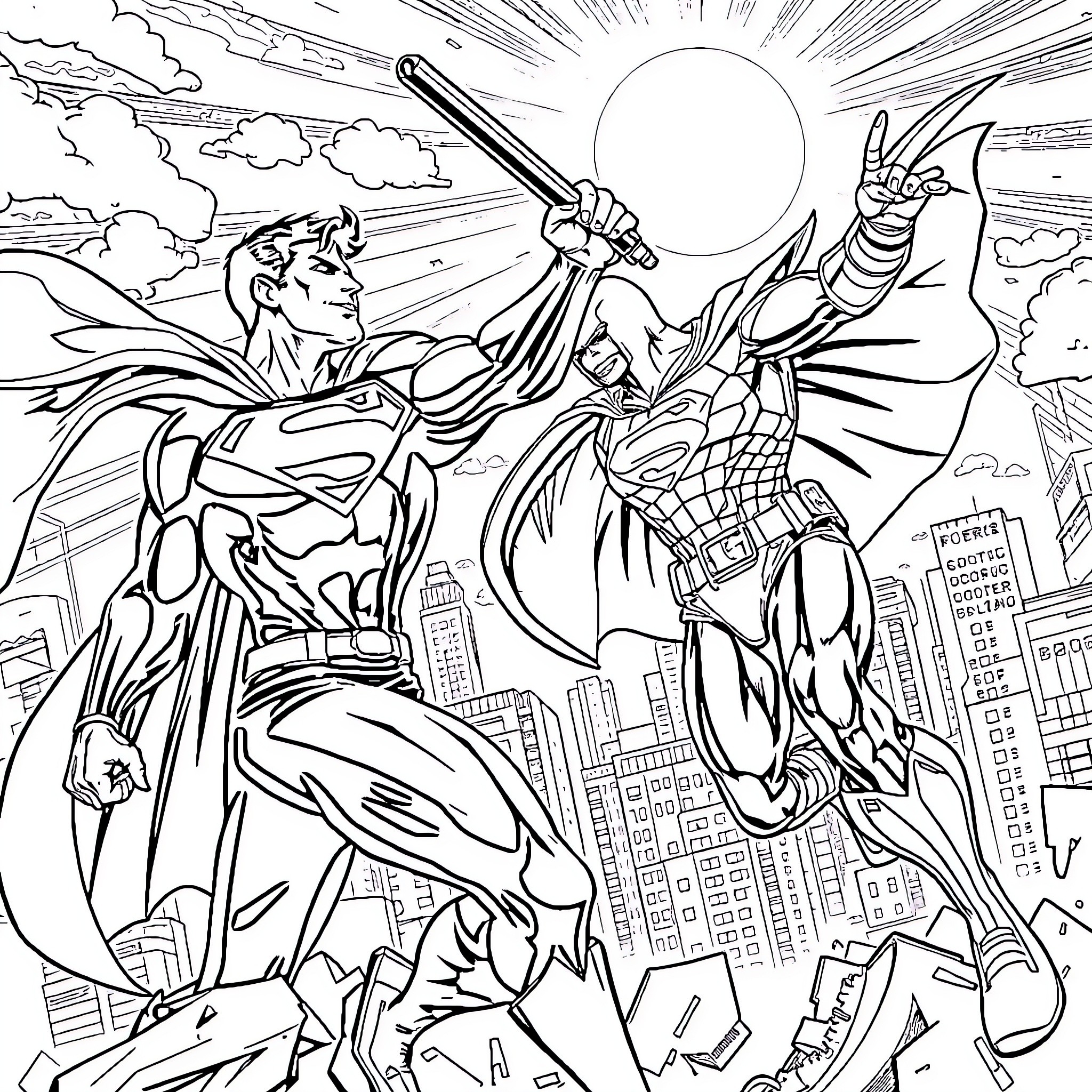 Superman battling villain in epic showdown over city Coloring Page (free black-and-white line drawing printable PDF for all, from beginners to advanced learners, including children, teens, adults, and seniors)