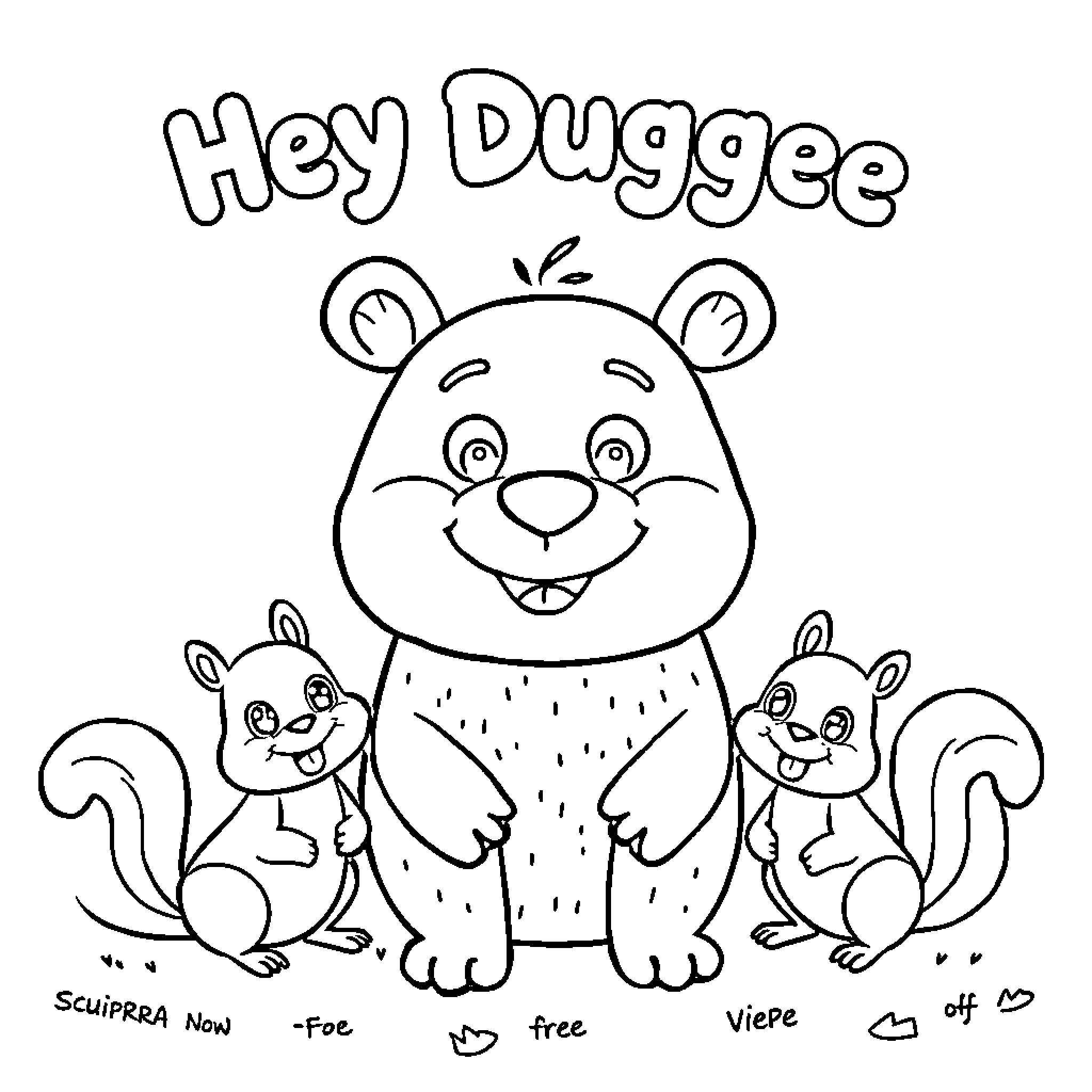 Duggee and his animal friends in an excited scene Coloring Page (free black-and-white line drawing printable PDF for all, from beginners to advanced learners, including children, teens, adults, and seniors)