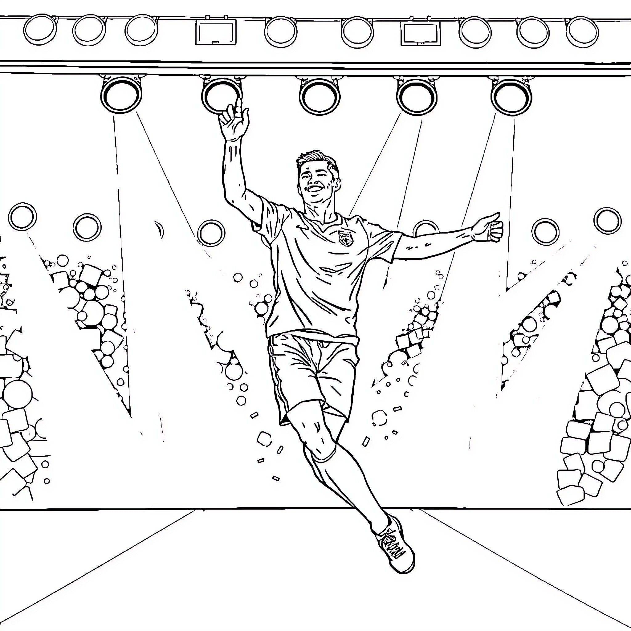 Cristiano Ronaldo celebrating victory on stage Coloring Page (free black-and-white line drawing printable PDF for all, from beginners to advanced learners, including children, teens, adults, and seniors)