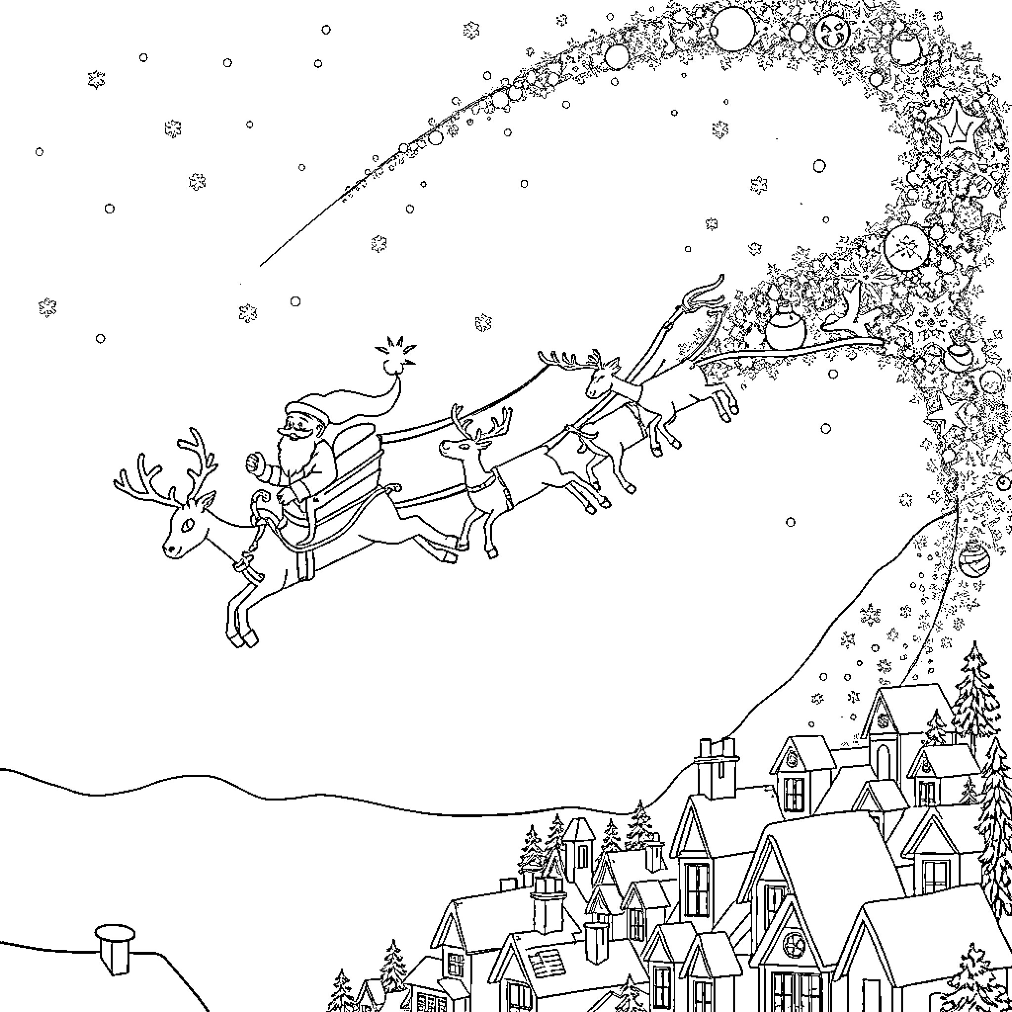 Santa's Magical Sleigh Soaring Over Winter Wonderland Coloring Page (free black-and-white line drawing printable PDF for all, from beginners to advanced learners, including children, teens, adults, and seniors)