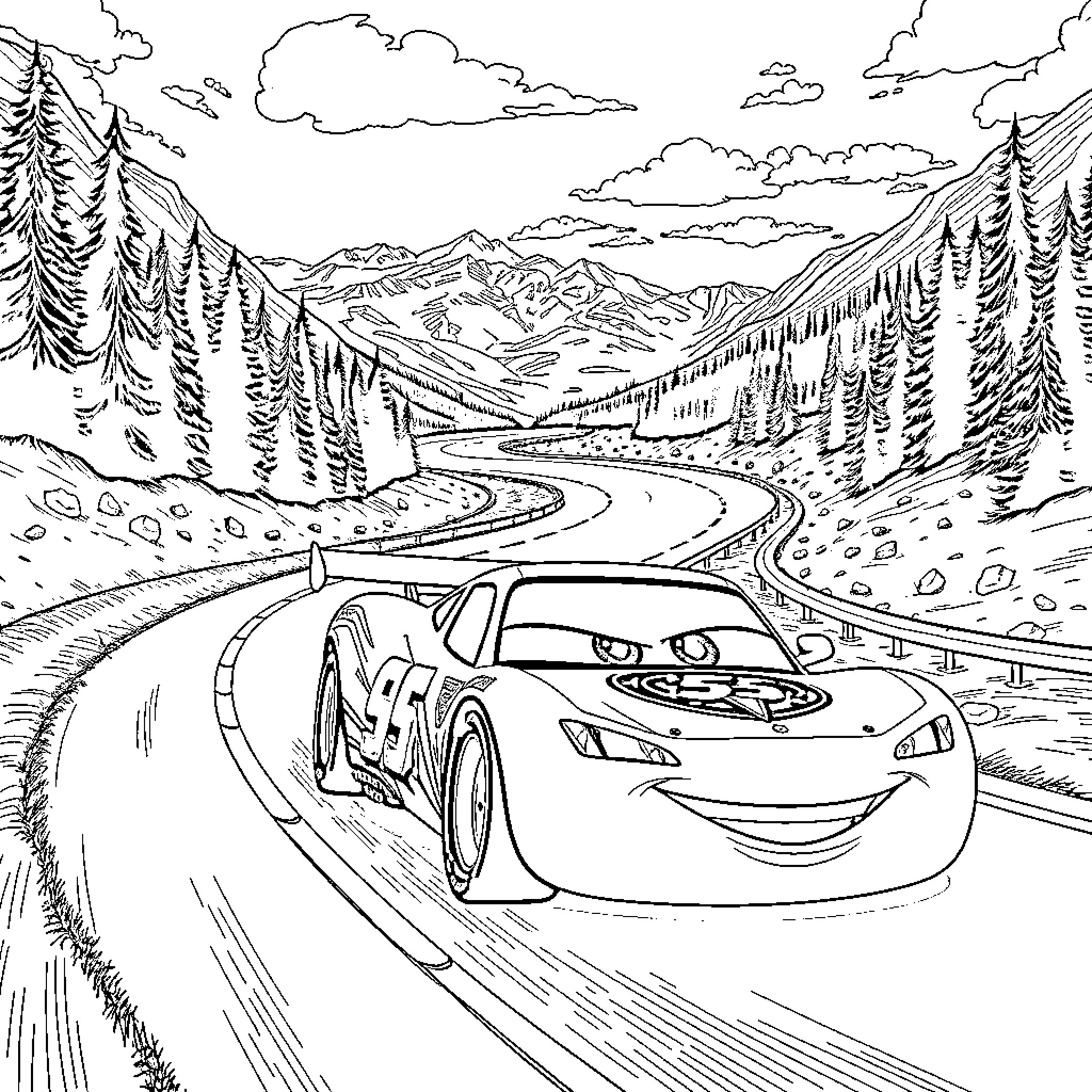 Lightning McQueen racing through the snowy mountains Coloring Page (free black-and-white line drawing printable PDF for all, from beginners to advanced learners, including children, teens, adults, and seniors)