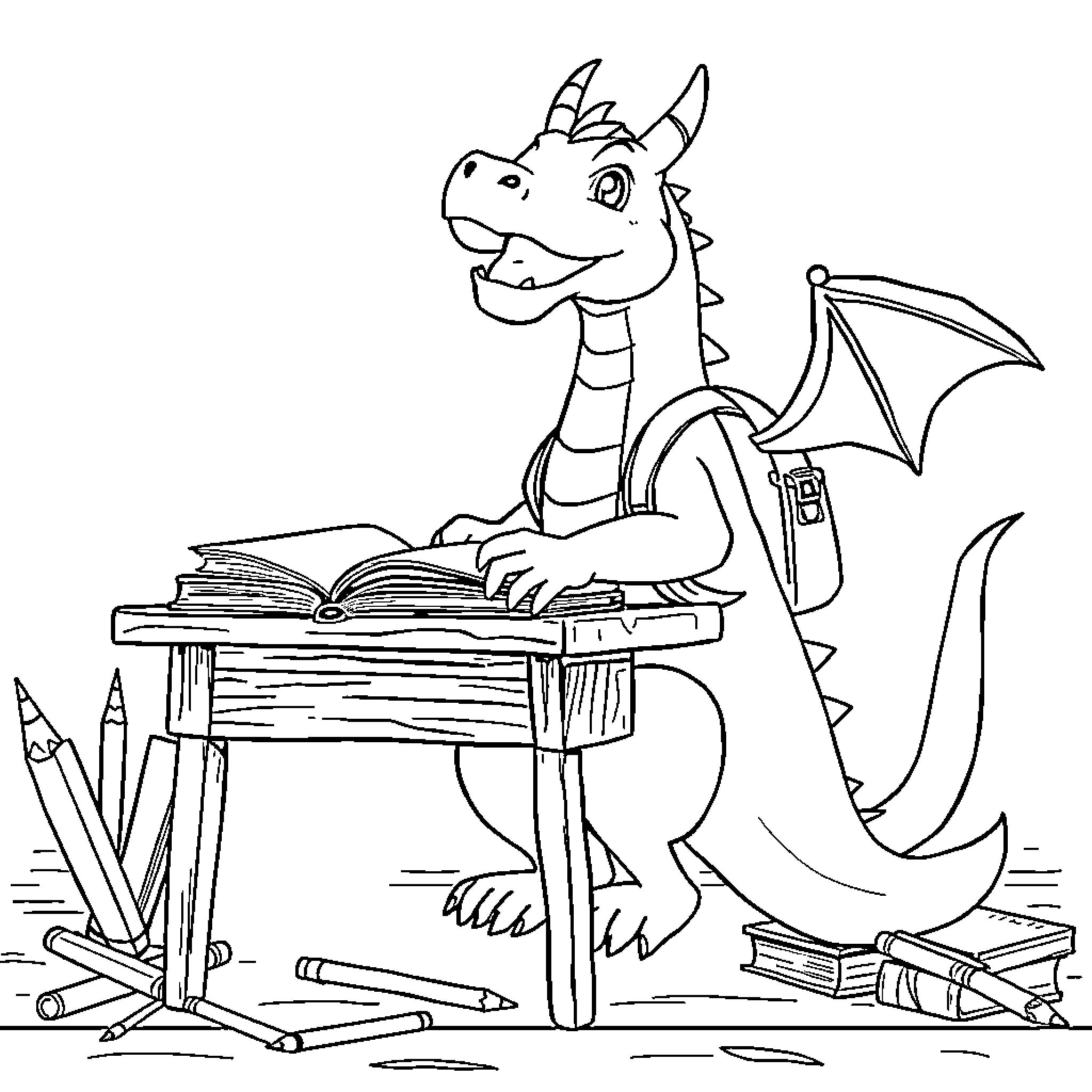 Dragon studying and working at desk with supplies Coloring Page (free black-and-white line drawing printable PDF for all, from beginners to advanced learners, including children, teens, adults, and seniors)