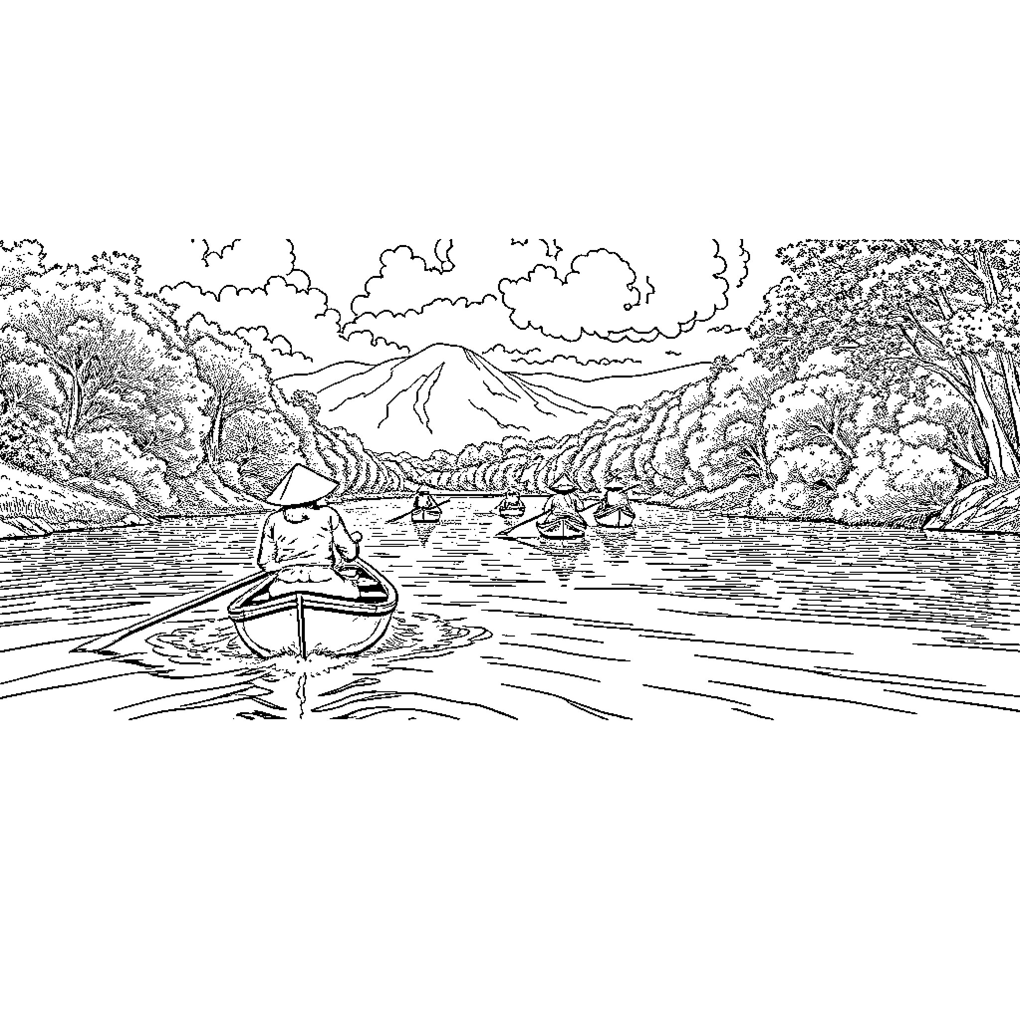 Hmong people boating in scenic lake landscape Coloring Page (free black-and-white line drawing printable PDF for all, from beginners to advanced learners, including children, teens, adults, and seniors)