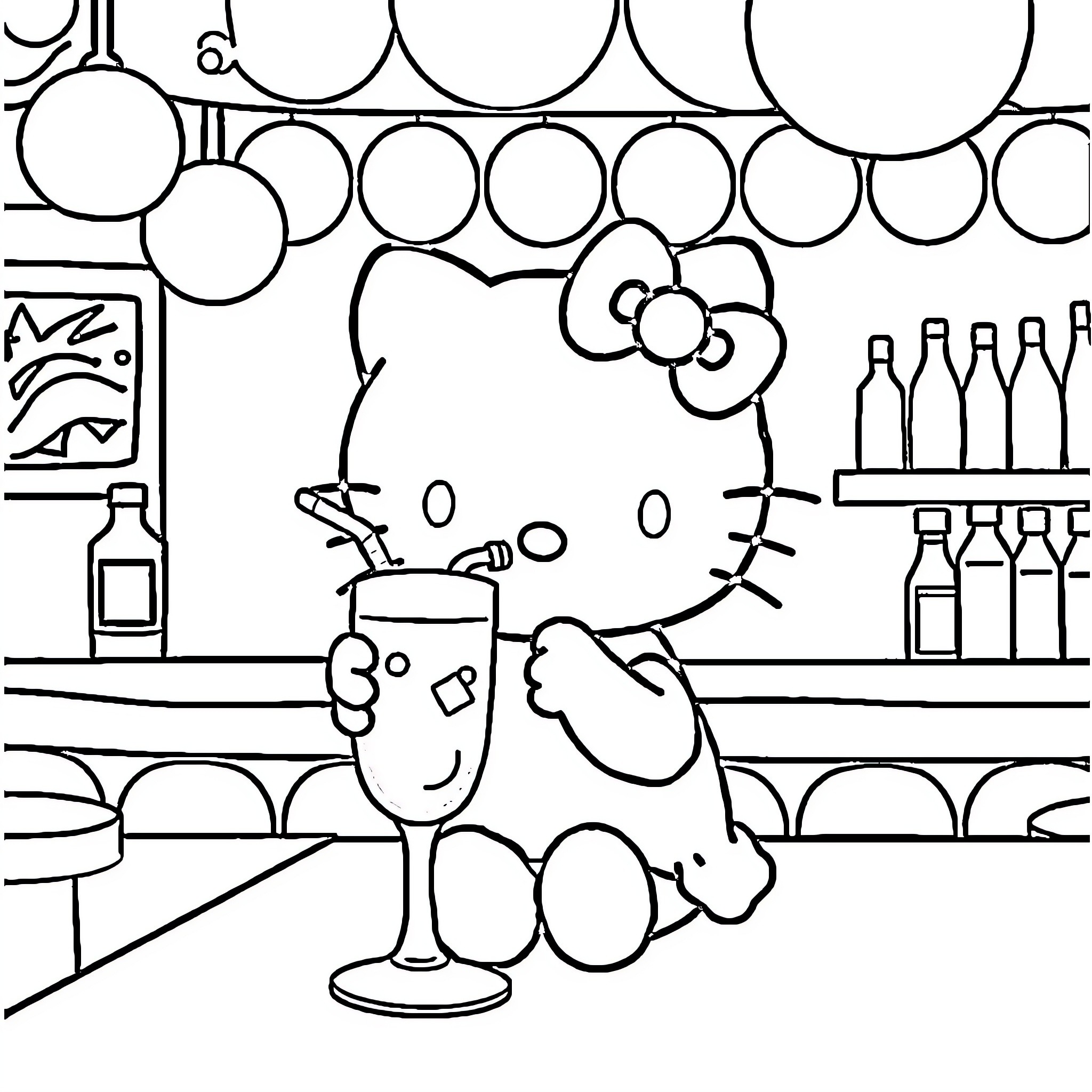Hello Kitty enjoying a drink at the bar Coloring Page (free black-and-white line drawing printable PDF for all, from beginners to advanced learners, including children, teens, adults, and seniors)