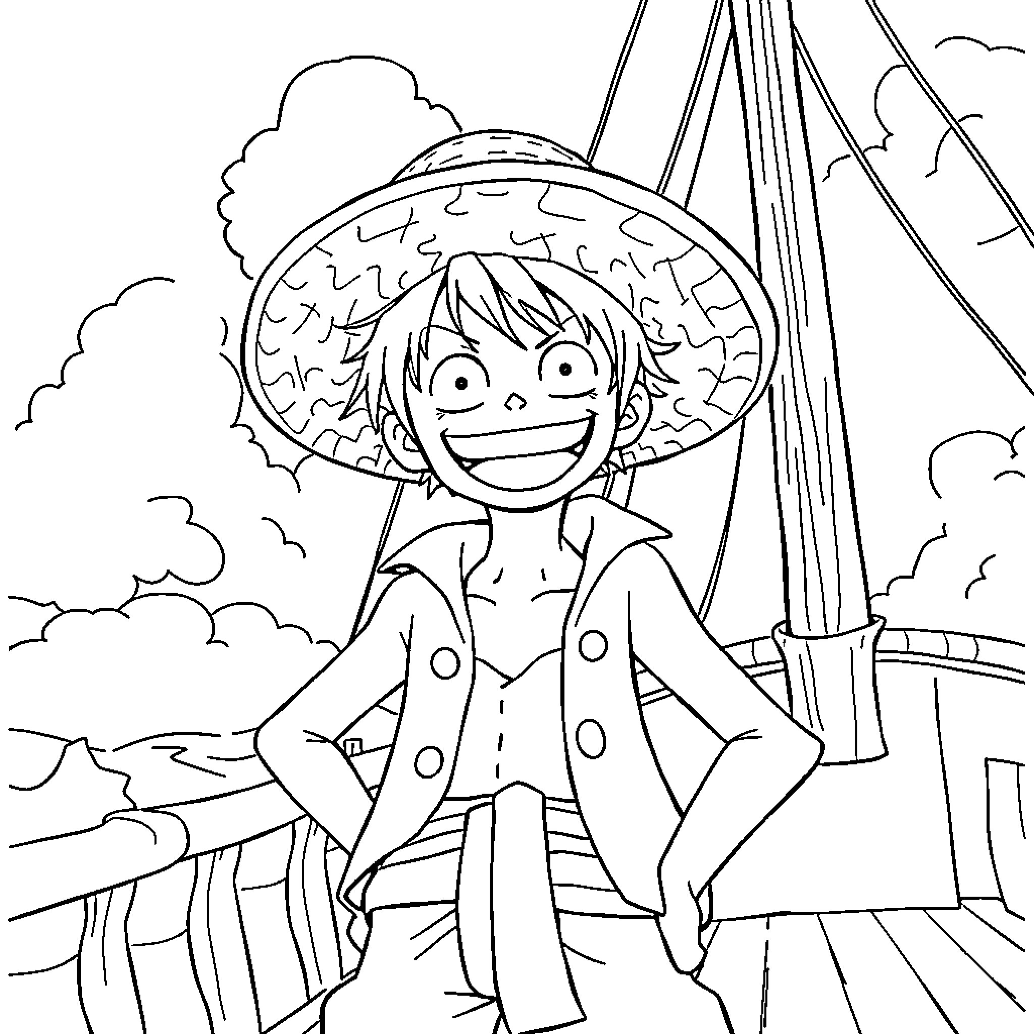 Monkey D Luffy's Adventure on a Sailing Ship Coloring Page (free black-and-white line drawing printable PDF for all, from beginners to advanced learners, including children, teens, adults, and seniors)