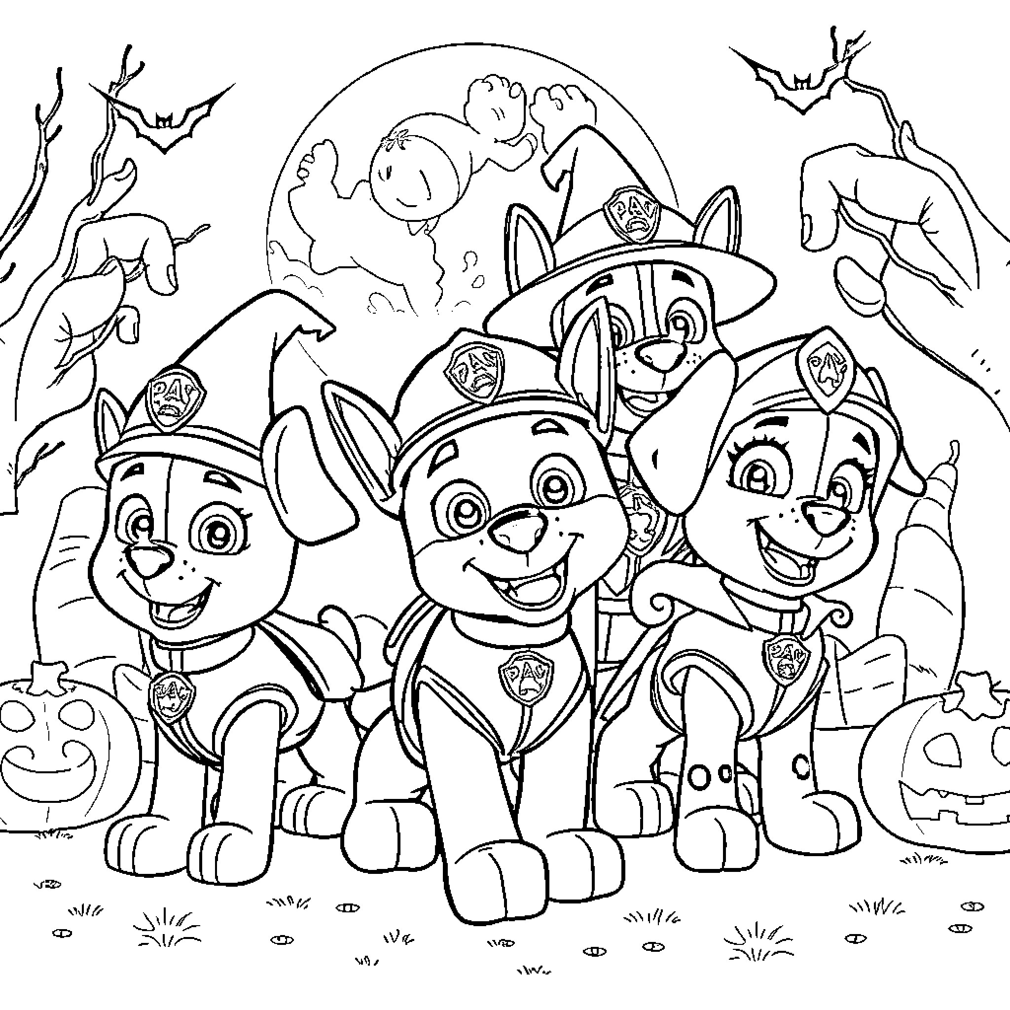 Paw Patrol on Halloween Adventure Coloring Page (free black-and-white line drawing printable PDF for all, from beginners to advanced learners, including children, teens, adults, and seniors)