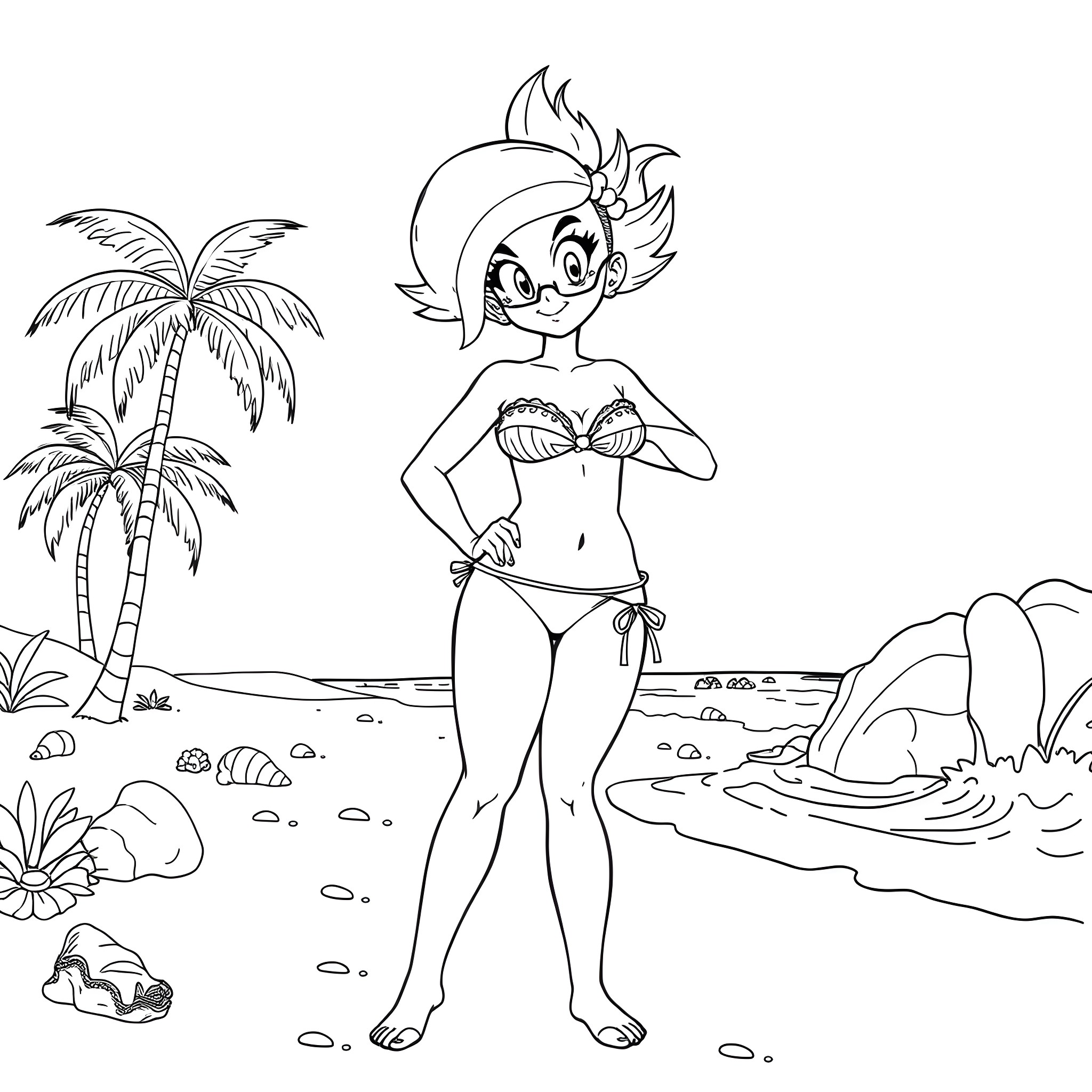 Bulma enjoying a sunny day at the beach Coloring Page (free black-and-white line drawing printable PDF for all, from beginners to advanced learners, including children, teens, adults, and seniors)