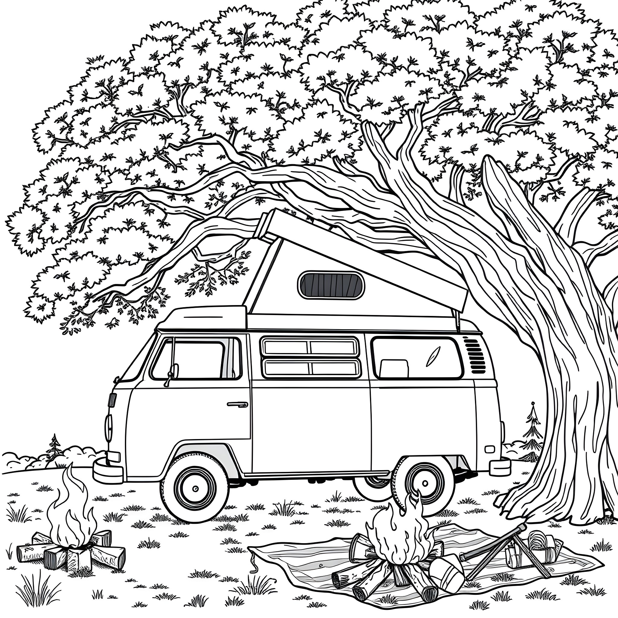 Vanagon Camping Adventure under Lush Foliage Coloring Page (free black-and-white line drawing printable PDF for all, from beginners to advanced learners, including children, teens, adults, and seniors)