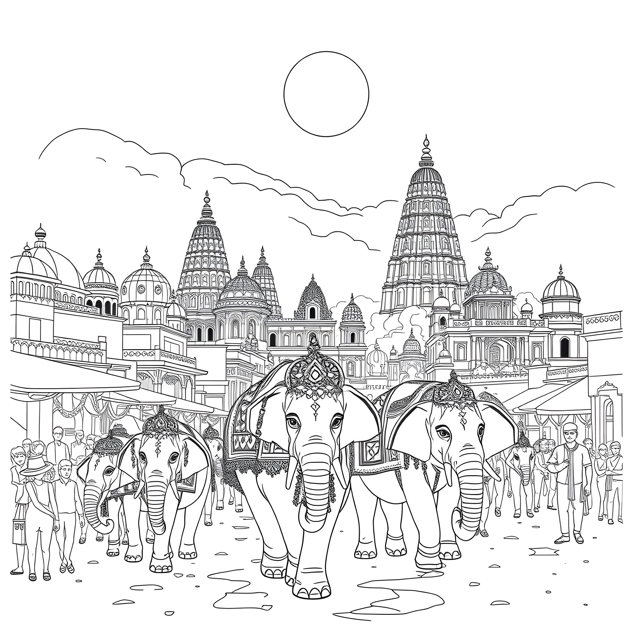 India's Vibrant Street Scene with Ornate Temples and Elephants Coloring Page (free black-and-white line drawing printable PDF for all, from beginners to advanced learners, including children, teens, adults, and seniors)