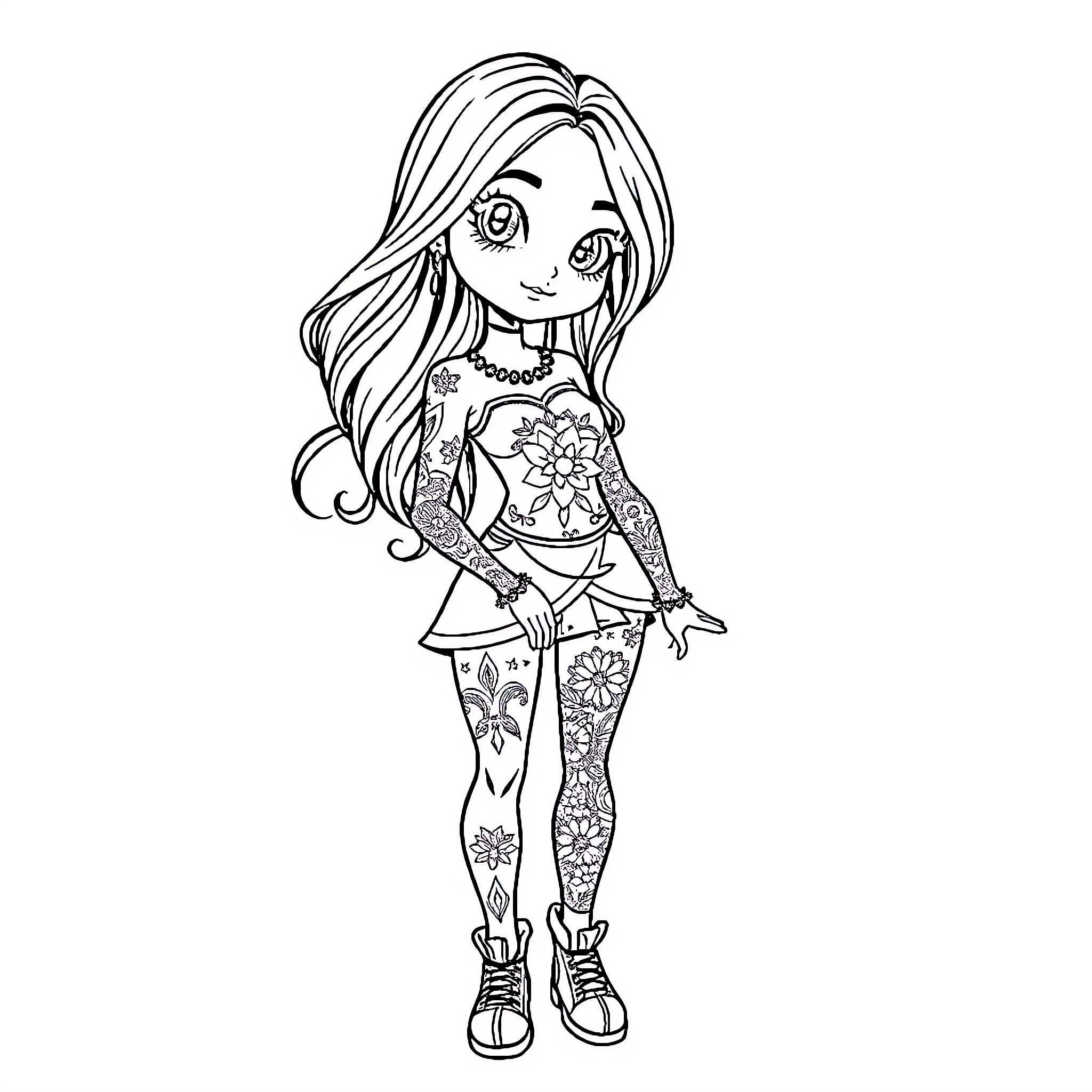Girl with floral tattoos and stylish outfit Coloring Page (free black-and-white line drawing printable PDF for all, from beginners to advanced learners, including children, teens, adults, and seniors)