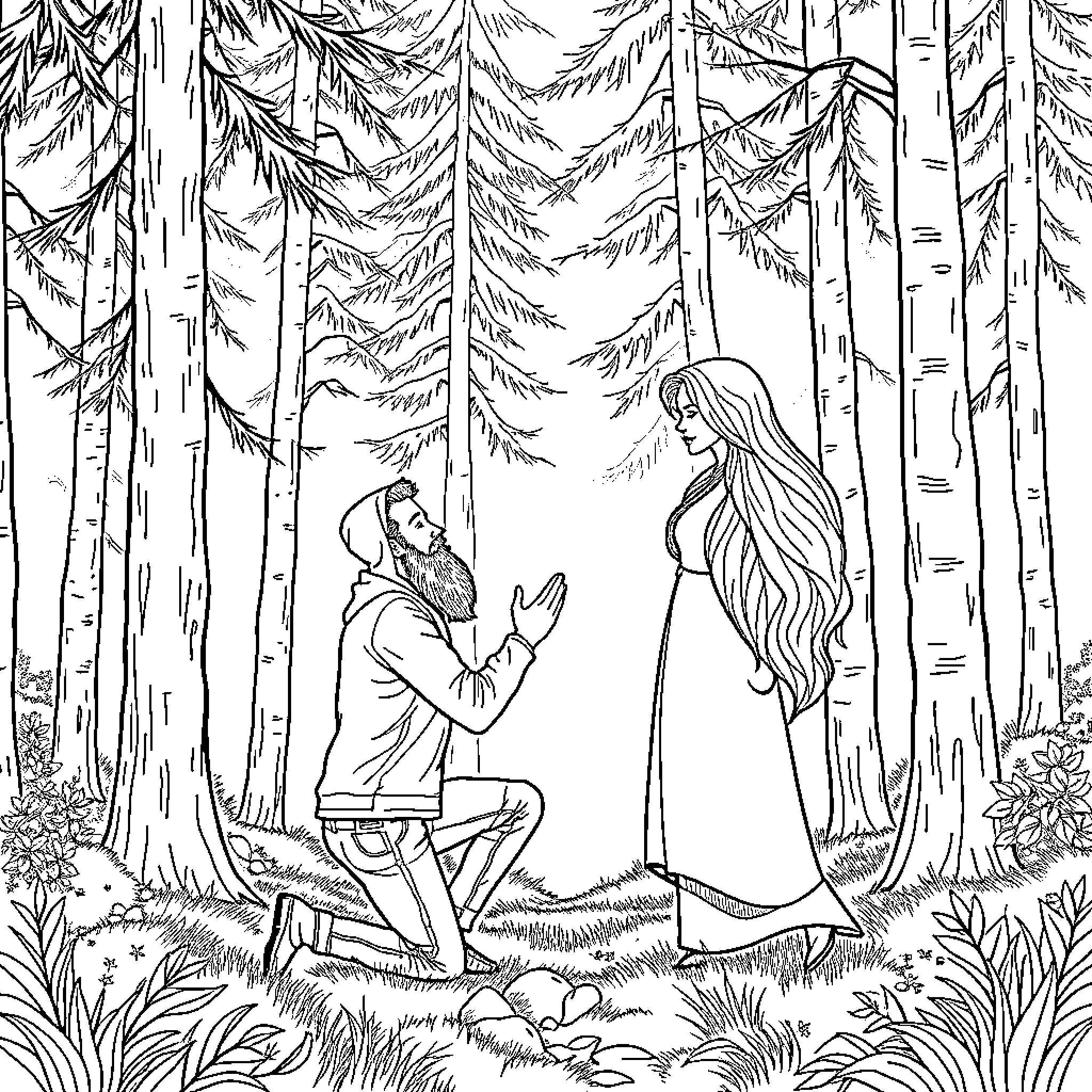Man proposing to woman in enchanted forest Coloring Page (free black-and-white line drawing printable PDF for all, from beginners to advanced learners, including children, teens, adults, and seniors)