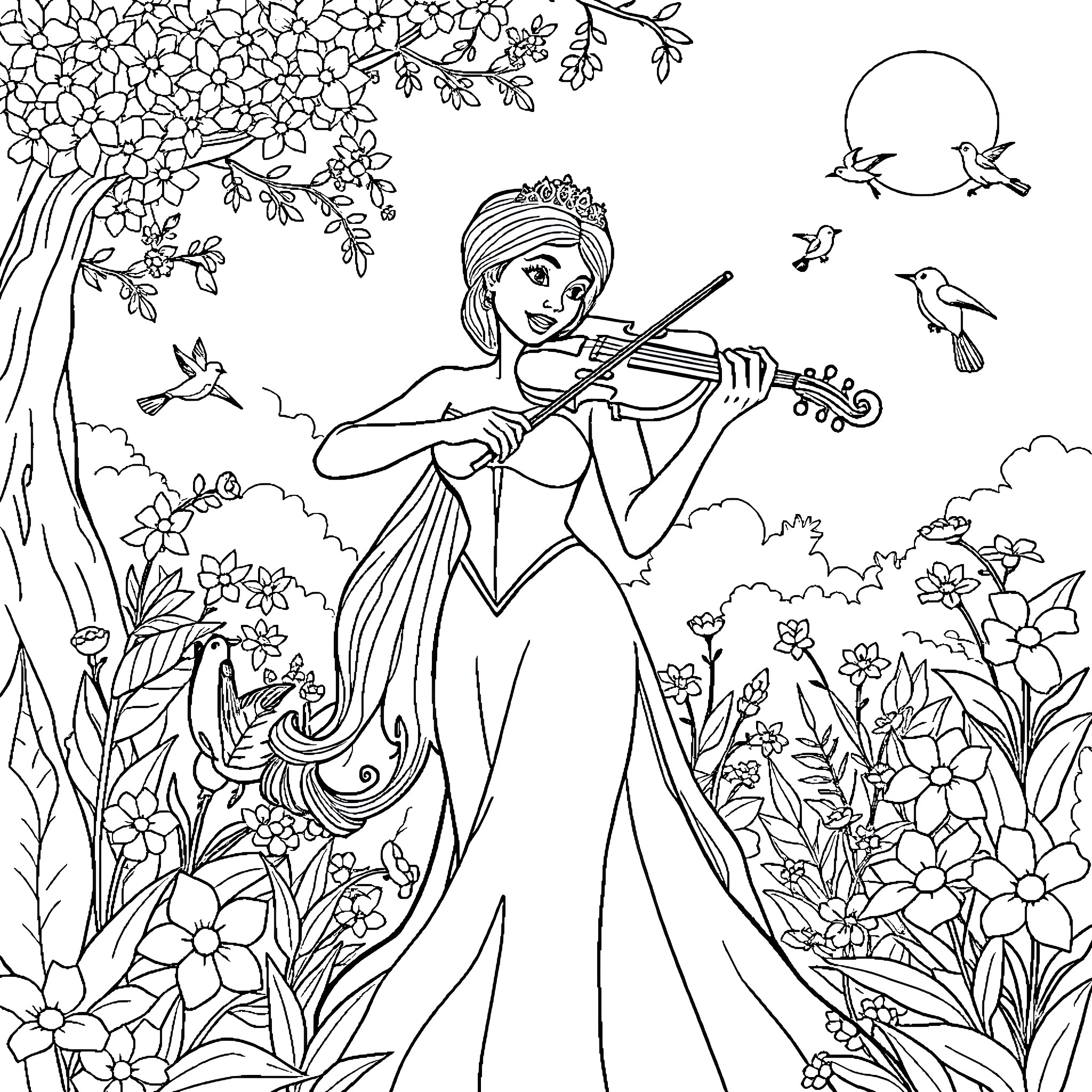 Princess Tiana playing the violin in a lush garden Coloring Page (free black-and-white line drawing printable PDF for all, from beginners to advanced learners, including children, teens, adults, and seniors)
