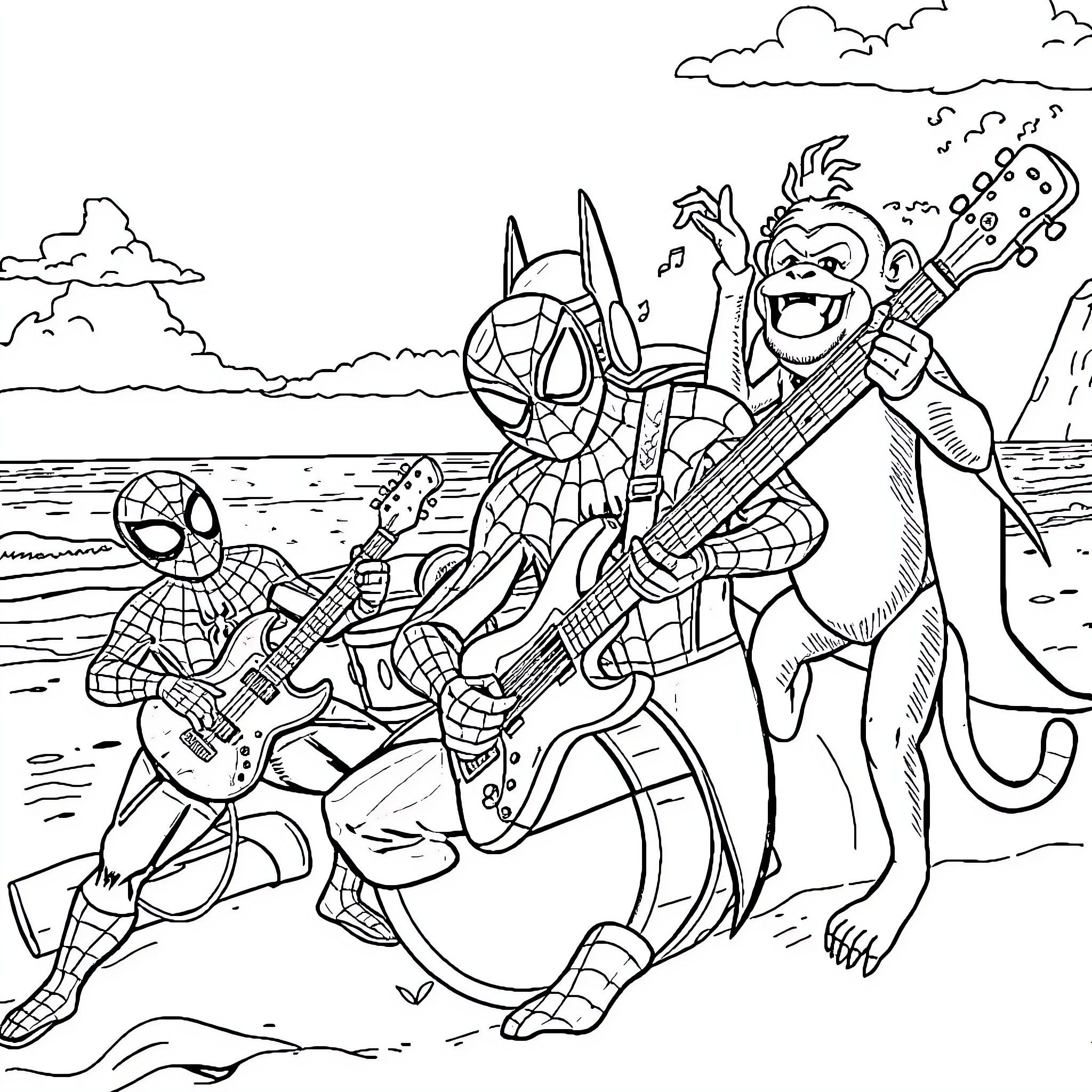 Spiderman and friends rocking out on the beach Coloring Page (free black-and-white line drawing printable PDF for all, from beginners to advanced learners, including children, teens, adults, and seniors)