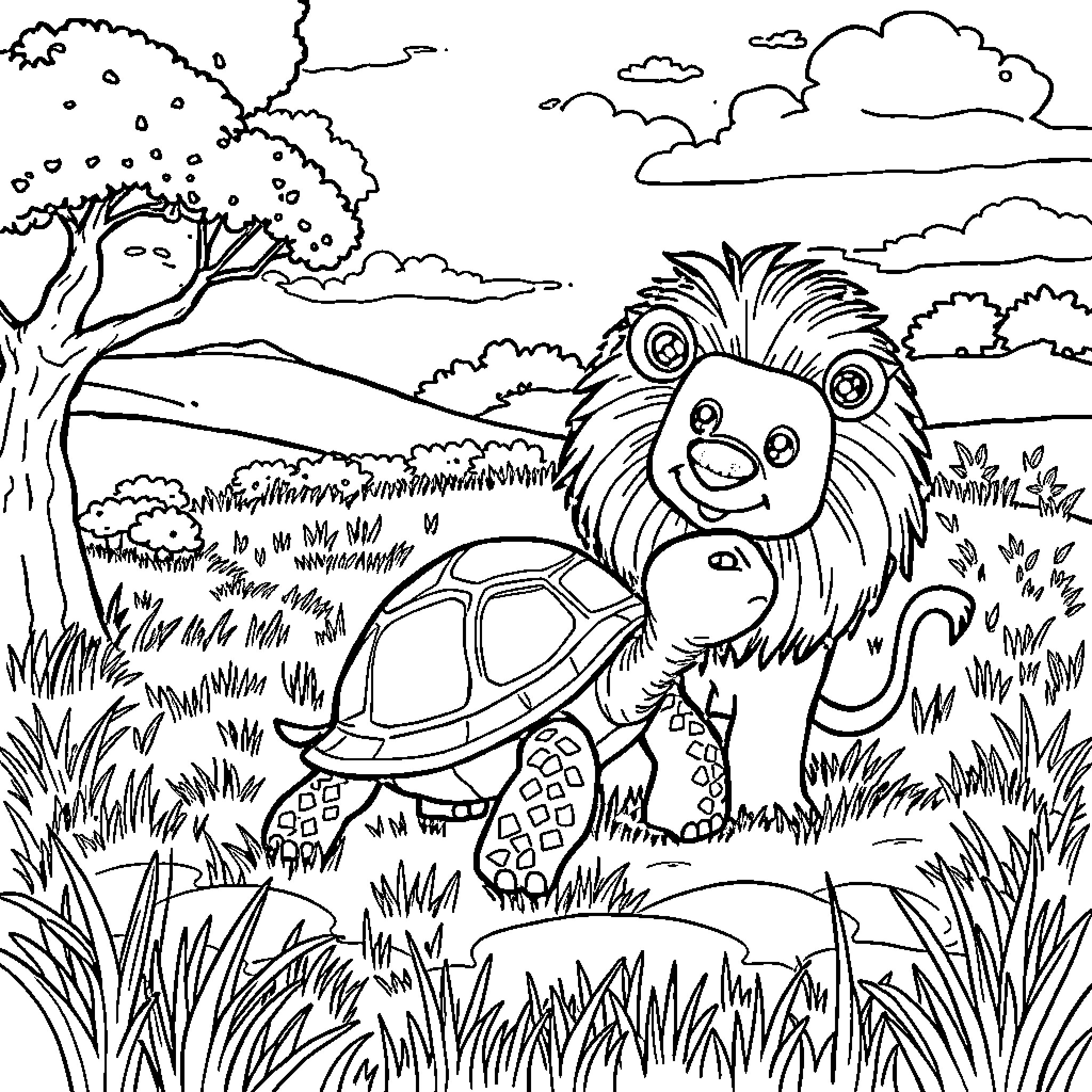 Turtle enjoying nature in the countryside Coloring Page (free black-and-white line drawing printable PDF for all, from beginners to advanced learners, including children, teens, adults, and seniors)