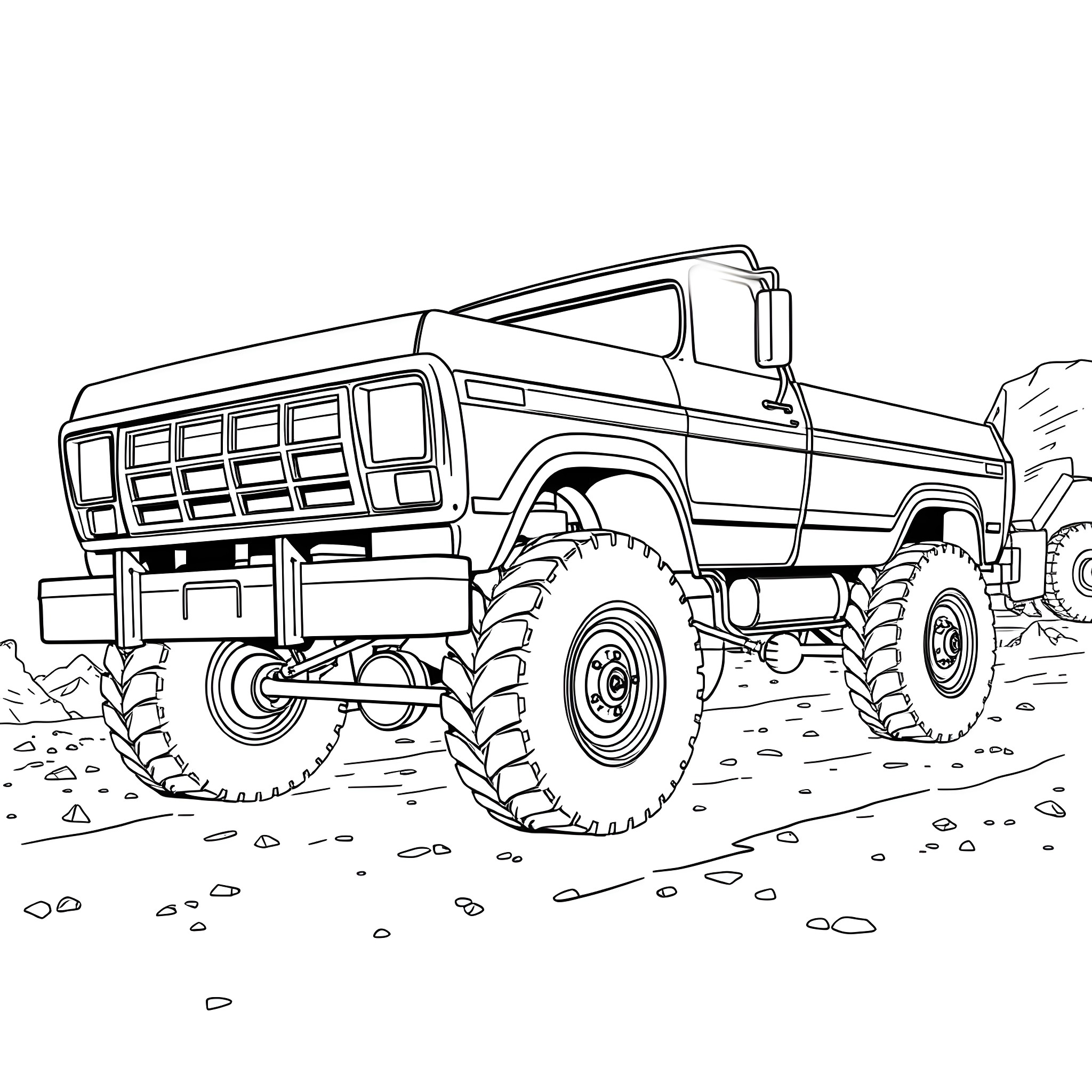 Ford Dually Dump Truck off-roading in the wilderness Coloring Page (free black-and-white line drawing printable PDF for all, from beginners to advanced learners, including children, teens, adults, and seniors)