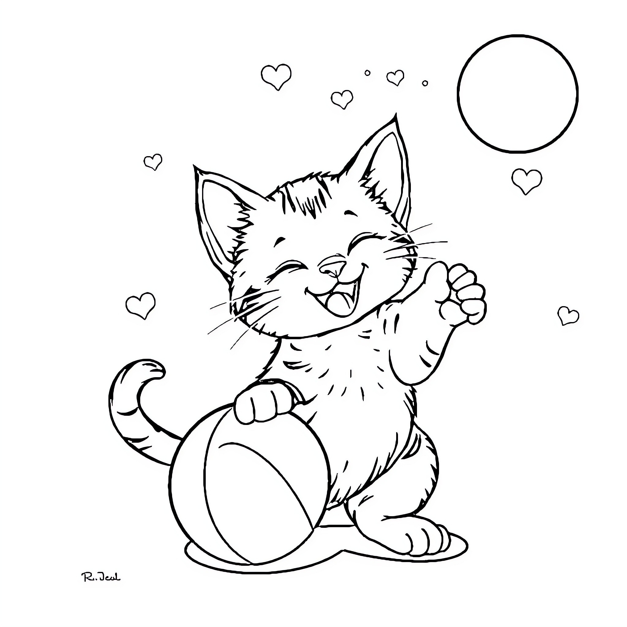 Cat playing with ball joyfully Coloring Page (free black-and-white line drawing printable PDF for all, from beginners to advanced learners, including children, teens, adults, and seniors)