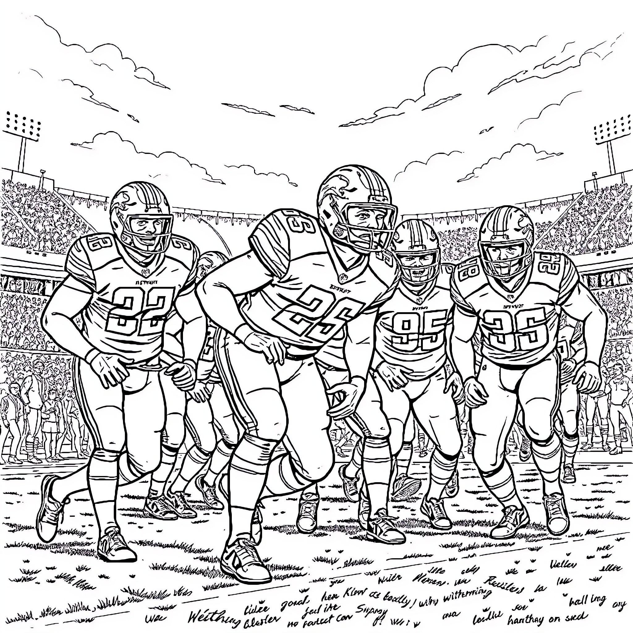 Lion Football Team Ready for the Big Game Coloring Page (free black-and-white line drawing printable PDF for all, from beginners to advanced learners, including children, teens, adults, and seniors)
