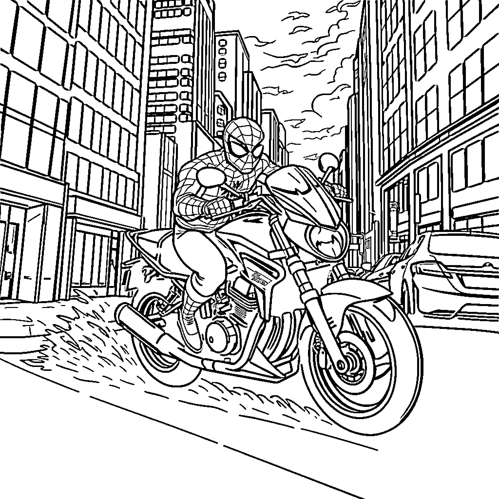 Spiderman riding a motorcycle through city streets Coloring Page (free black-and-white line drawing printable PDF for all, from beginners to advanced learners, including children, teens, adults, and seniors)
