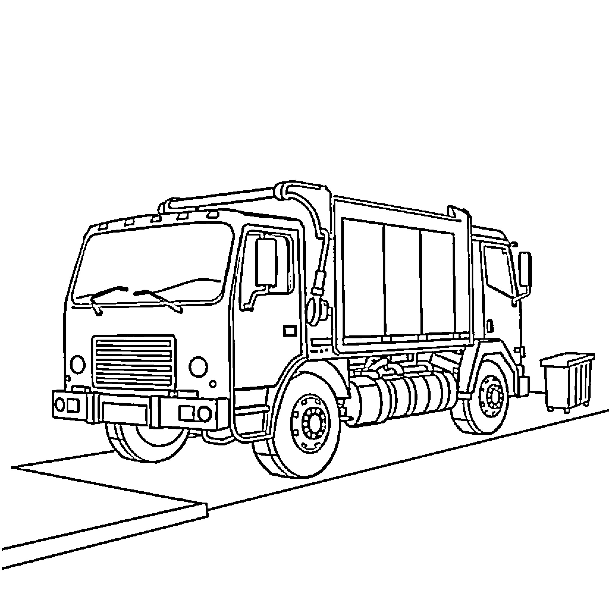 Trash Truck Collecting Waste from Curb Coloring Page (free black-and-white line drawing printable PDF for all, from beginners to advanced learners, including children, teens, adults, and seniors)