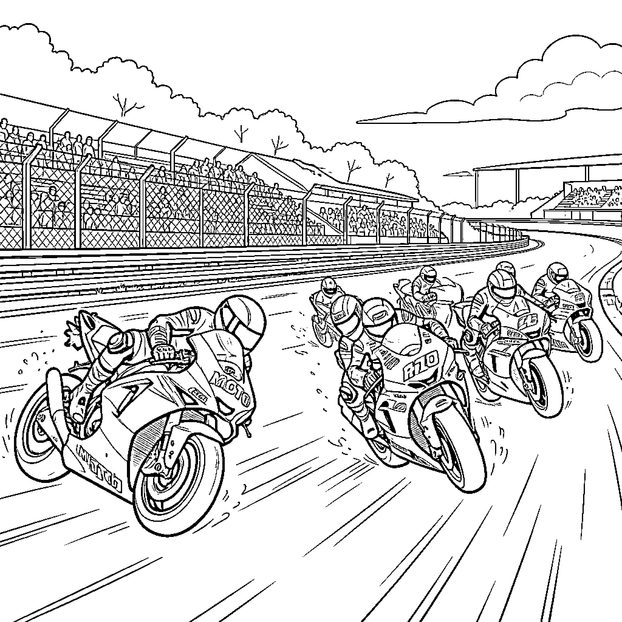 Moto GP racers speeding through a professional track circuit Coloring Page (free black-and-white line drawing printable PDF for all, from beginners to advanced learners, including children, teens, adults, and seniors)