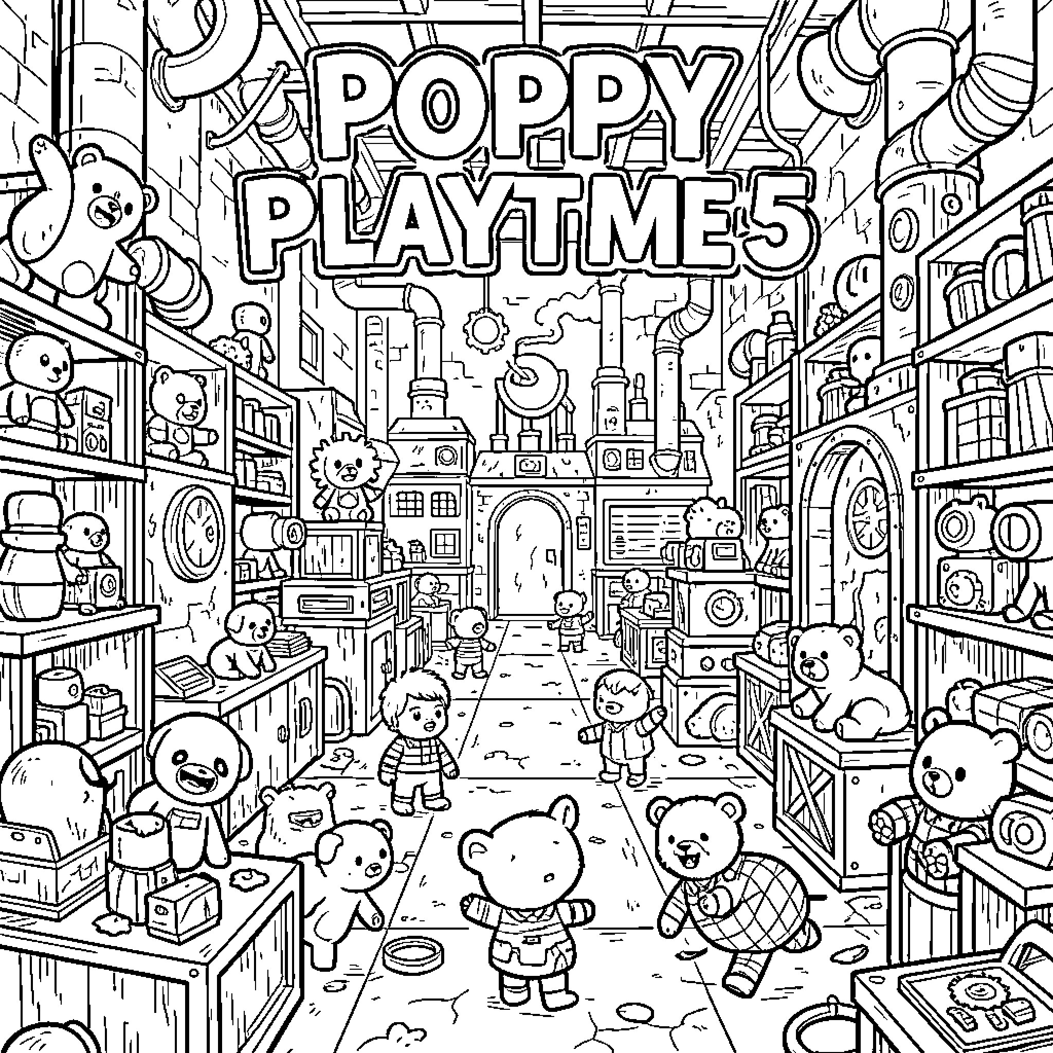 Poppy's Playtime: A Whimsical Toy Store Adventure Coloring Page (free black-and-white line drawing printable PDF for all, from beginners to advanced learners, including children, teens, adults, and seniors)