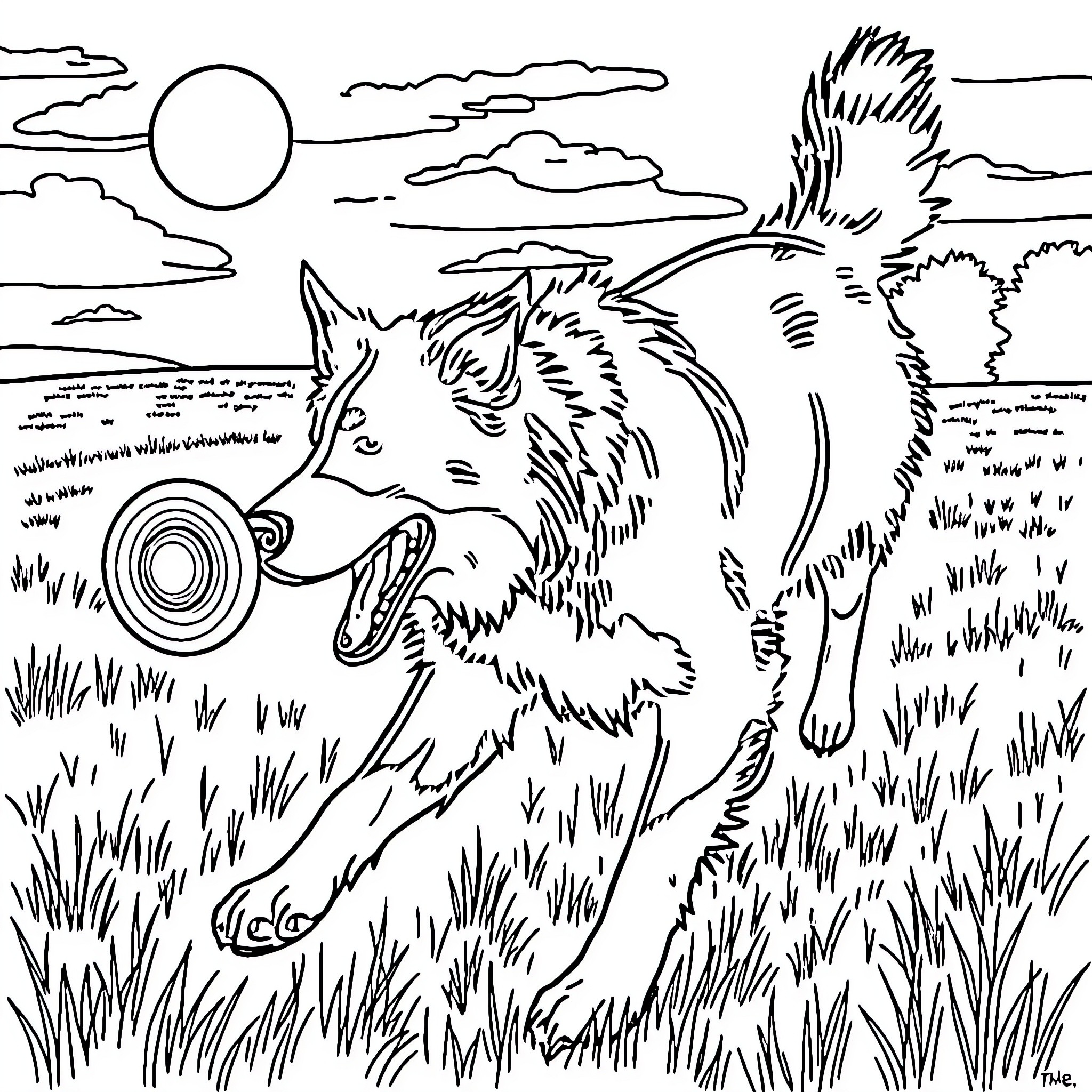 Border Collie playing with a frisbee in a grassy field Coloring Page (free black-and-white line drawing printable PDF for all, from beginners to advanced learners, including children, teens, adults, and seniors)