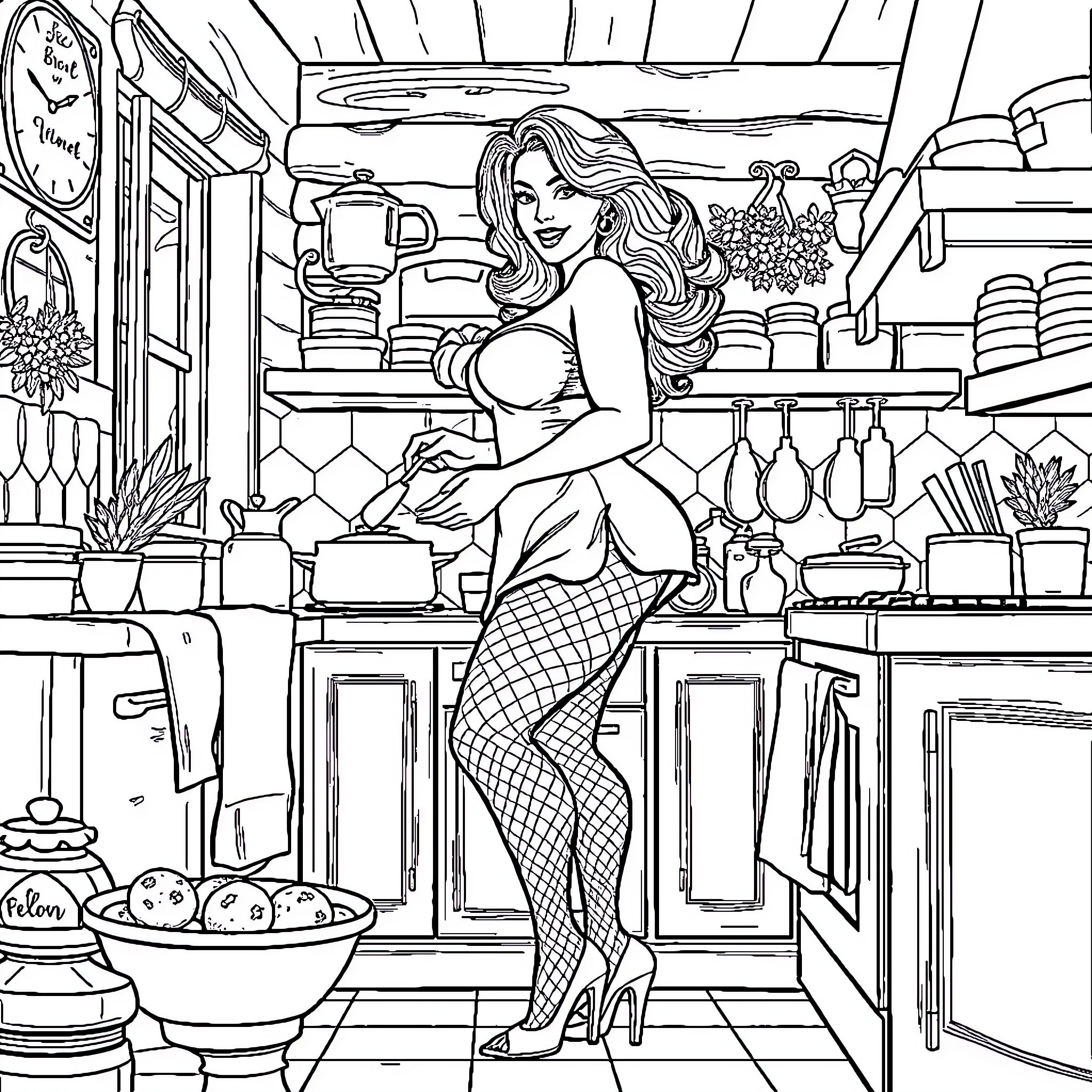Bbw Woman Relaxing in Cozy Kitchen Coloring Page (free black-and-white line drawing printable PDF for all, from beginners to advanced learners, including children, teens, adults, and seniors)