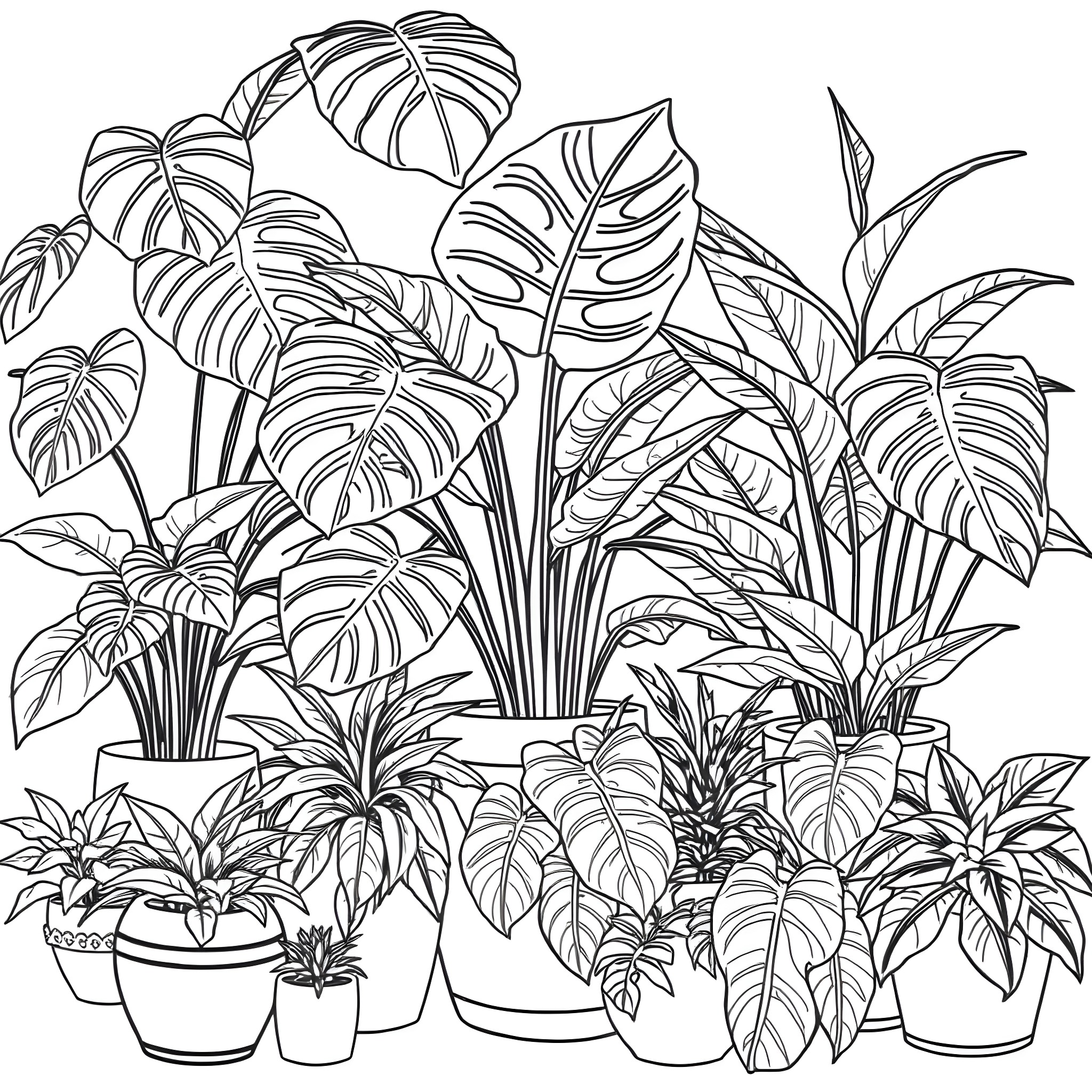 Monstera plants and tropical foliage in pots Coloring Page (free black-and-white line drawing printable PDF for all, from beginners to advanced learners, including children, teens, adults, and seniors)