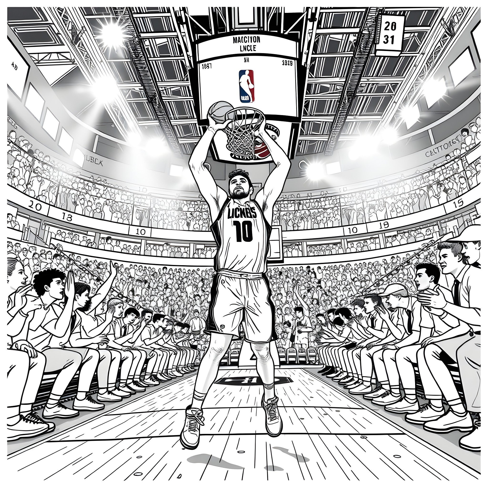 Jared McCain's Triumphant Basketball Moment Coloring Page (free black-and-white line drawing printable PDF for all, from beginners to advanced learners, including children, teens, adults, and seniors)