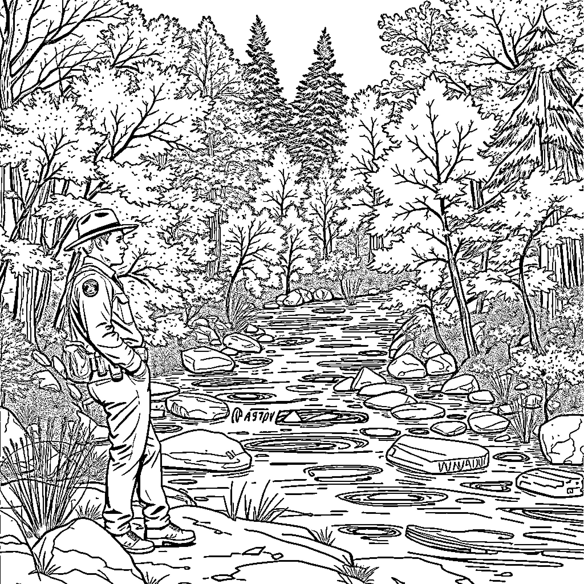 Ranger Exploring Serene Forest Stream Coloring Page (free black-and-white line drawing printable PDF for all, from beginners to advanced learners, including children, teens, adults, and seniors)