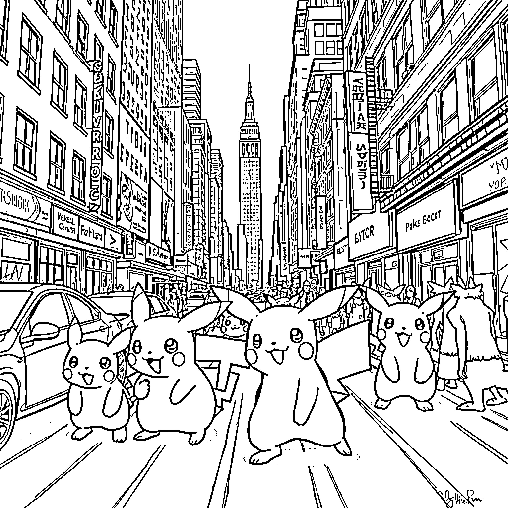 Pokémon characters exploring the bustling city Coloring Page (free black-and-white line drawing printable PDF for all, from beginners to advanced learners, including children, teens, adults, and seniors)