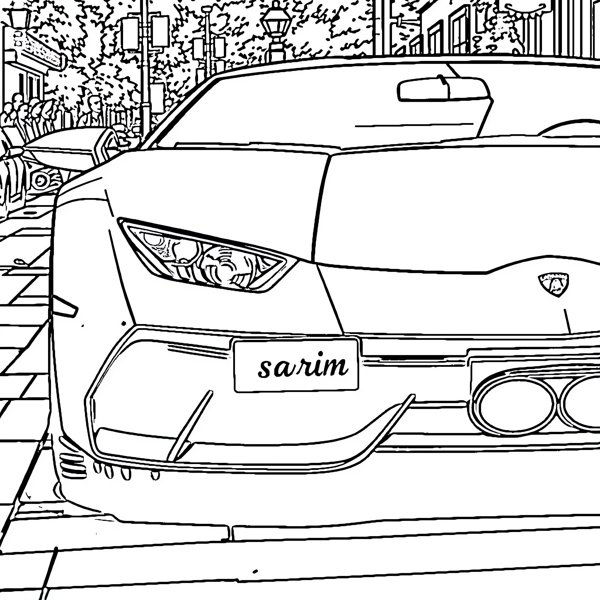 Lamborghini parked on a city street Coloring Page (free black-and-white line drawing printable PDF for all, from beginners to advanced learners, including children, teens, adults, and seniors)