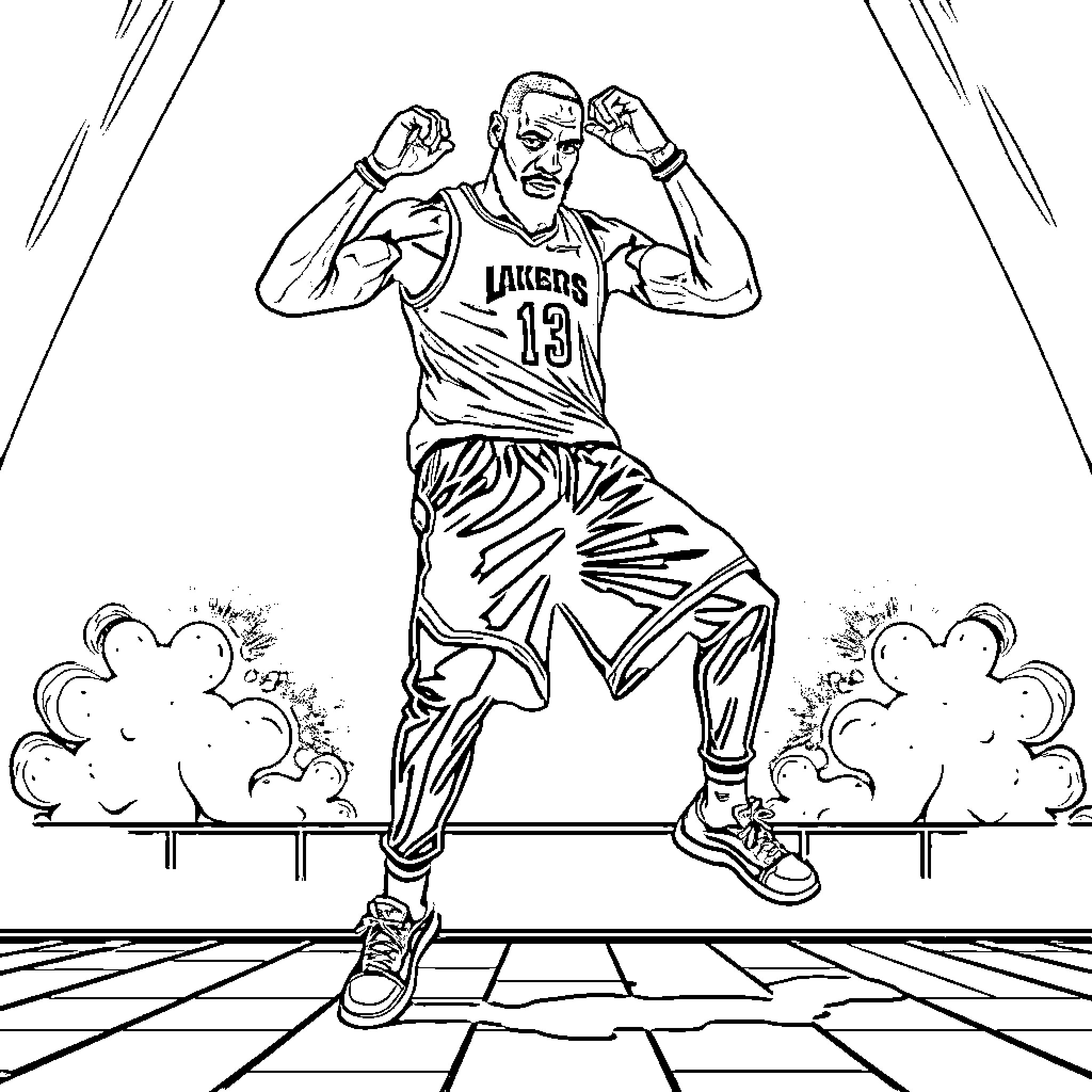 LeBron James dunking on the basketball court Coloring Page (free black-and-white line drawing printable PDF for all, from beginners to advanced learners, including children, teens, adults, and seniors)