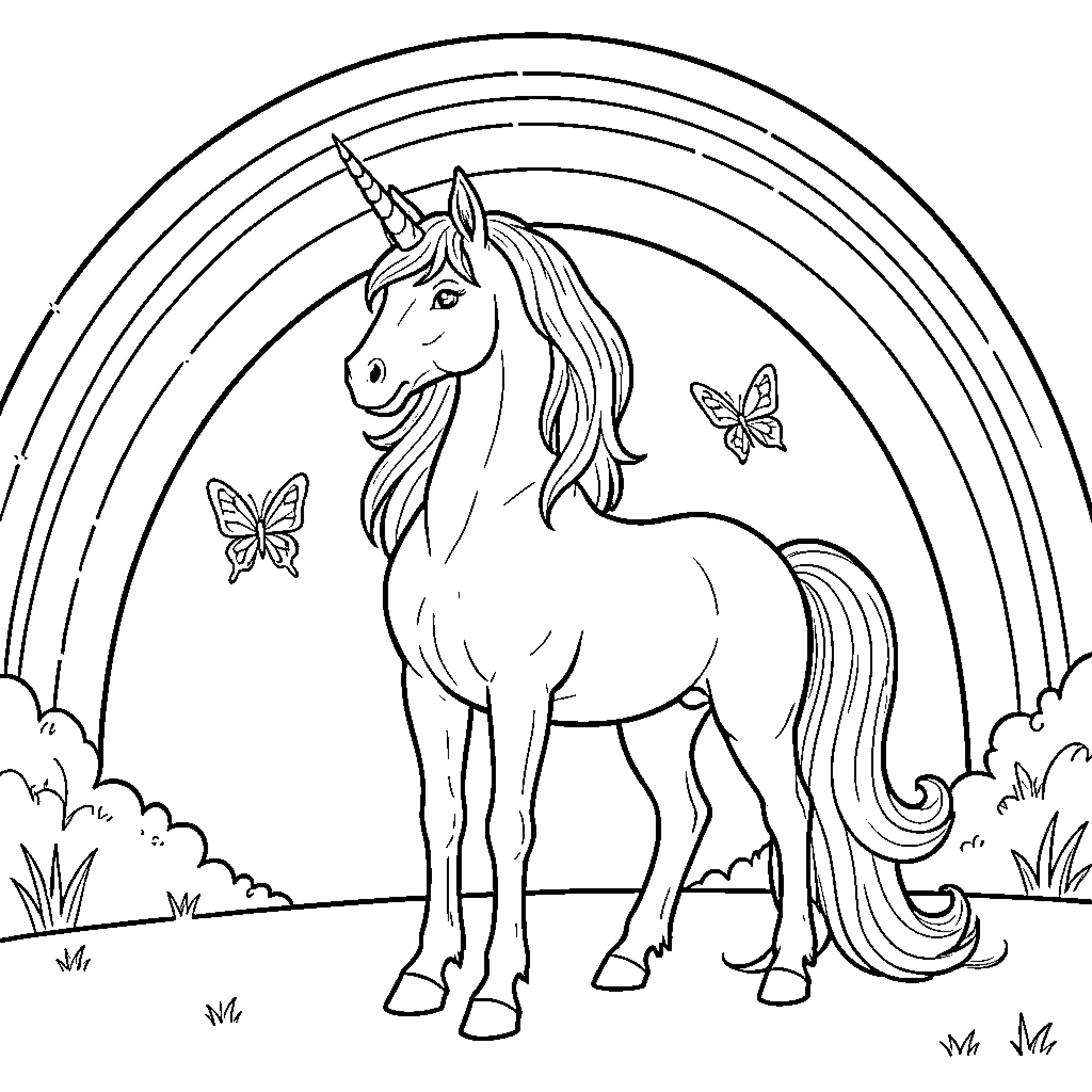 Unicorn standing peacefully under a large rainbow Coloring Page (free black-and-white line drawing printable PDF for all, from beginners to advanced learners, including children, teens, adults, and seniors)