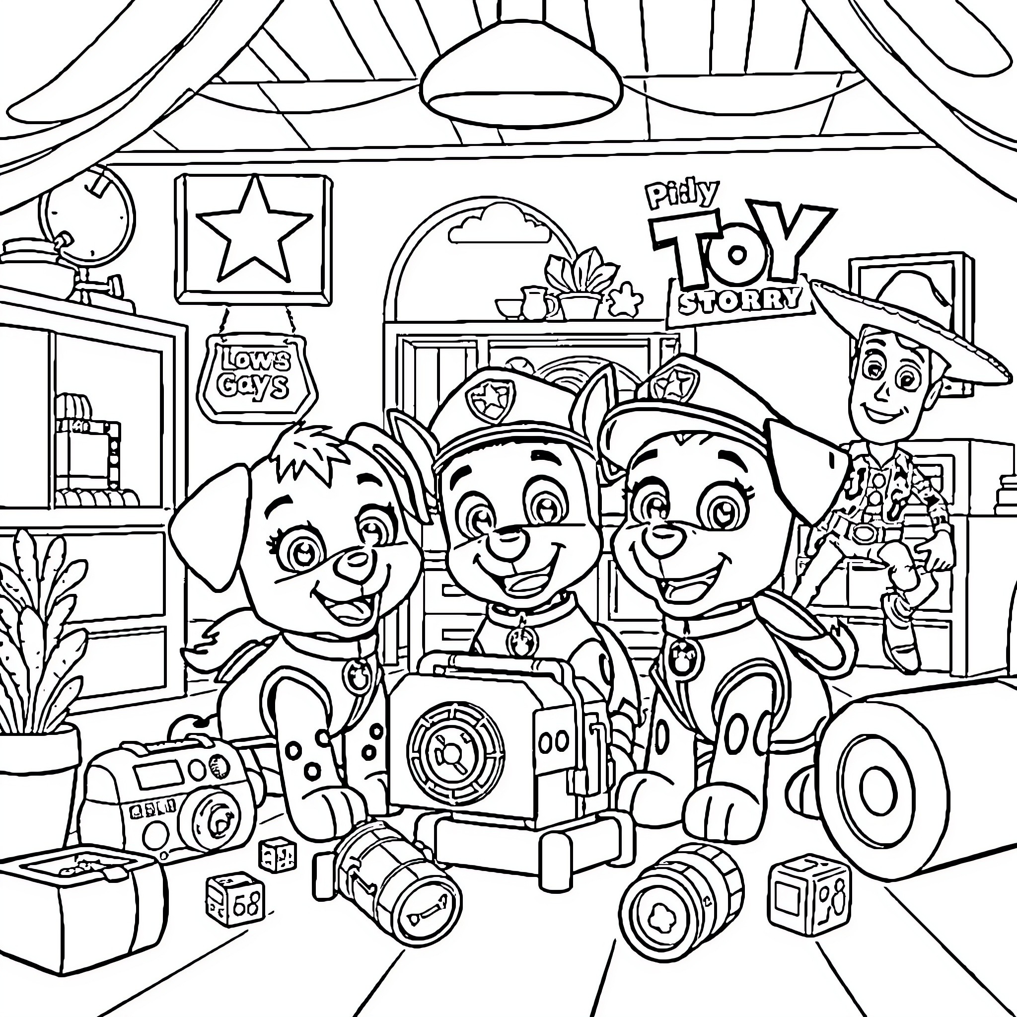 Paw Patrol Pups at Toy Story Adventure Coloring Page (free black-and-white line drawing printable PDF for all, from beginners to advanced learners, including children, teens, adults, and seniors)