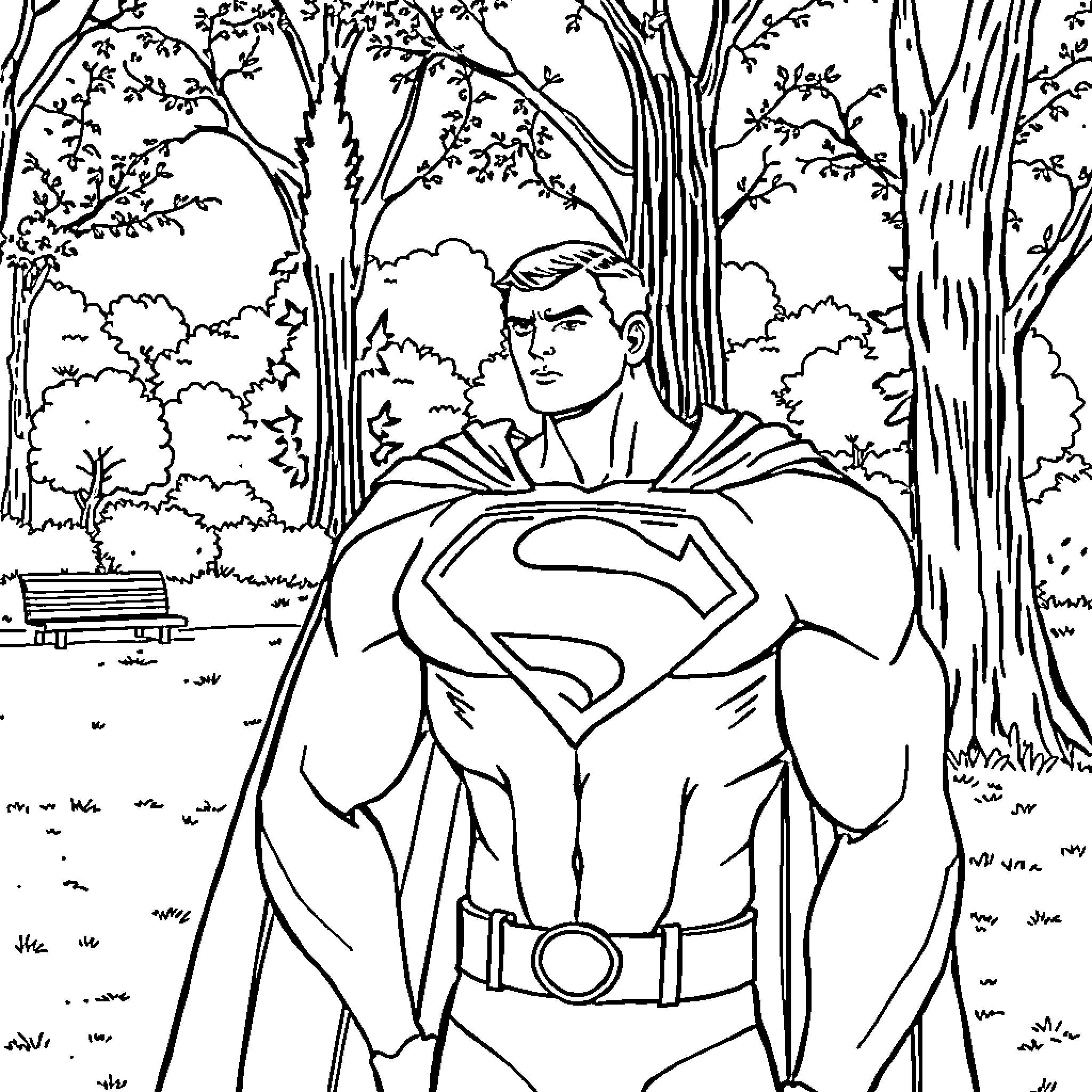 Superman standing tall in the forest Coloring Page (free black-and-white line drawing printable PDF for all, from beginners to advanced learners, including children, teens, adults, and seniors)