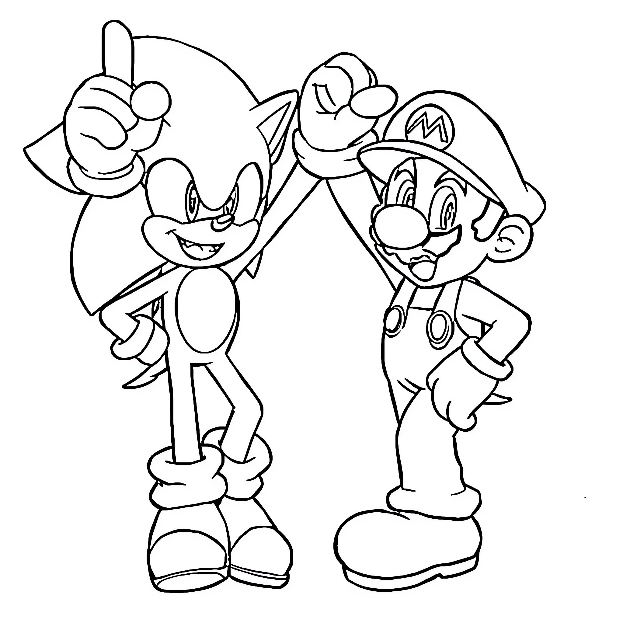 Sonic and Mario in playful poses Coloring Page (free black-and-white line drawing printable PDF for all, from beginners to advanced learners, including children, teens, adults, and seniors)
